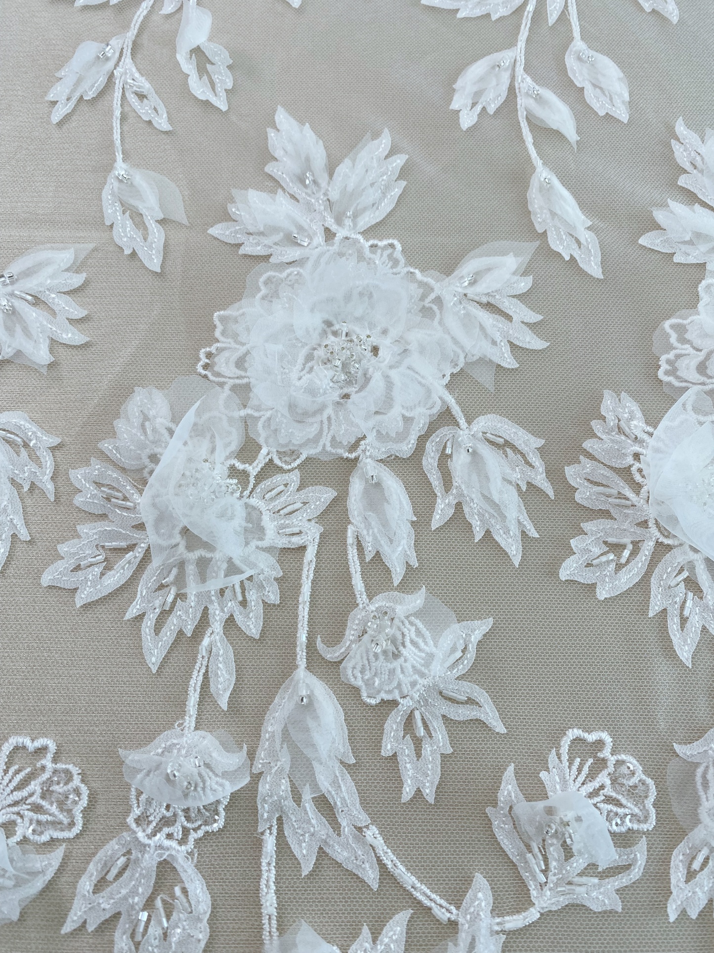 Ivory 3D Hand Beaded Bridal Lace Applique for Wedding Gown Bodice, Lace Veil, Couture Design, Floral Lace Trim, Wedding Dress Decor