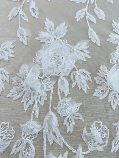 Ivory 3D Hand Beaded Bridal Lace Applique for Wedding Gown Bodice, Lace Veil, Couture Design, Floral Lace Trim, Wedding Dress Decor
