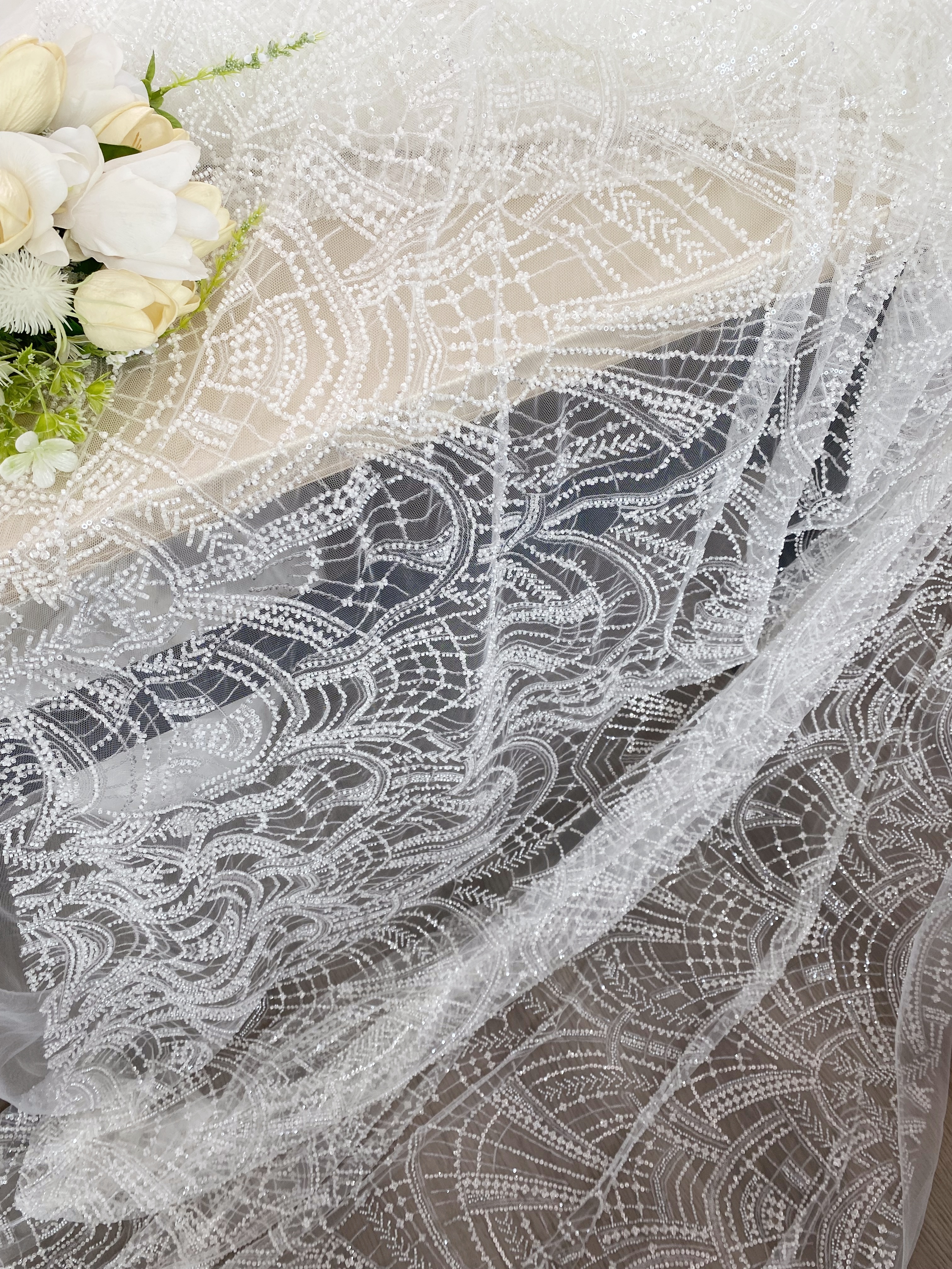 Heavy Crystal Bead Lace Fabric, 2 Styles Beads & Transparent Sequin Bead Lace, Bridal Wedding Prom Dress, Geometric Embroidery Tulle