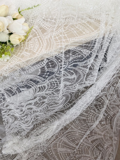 Heavy Crystal Bead Lace Fabric, 2 Styles Beads & Transparent Sequin Bead Lace, Bridal Wedding Prom Dress, Geometric Embroidery Tulle