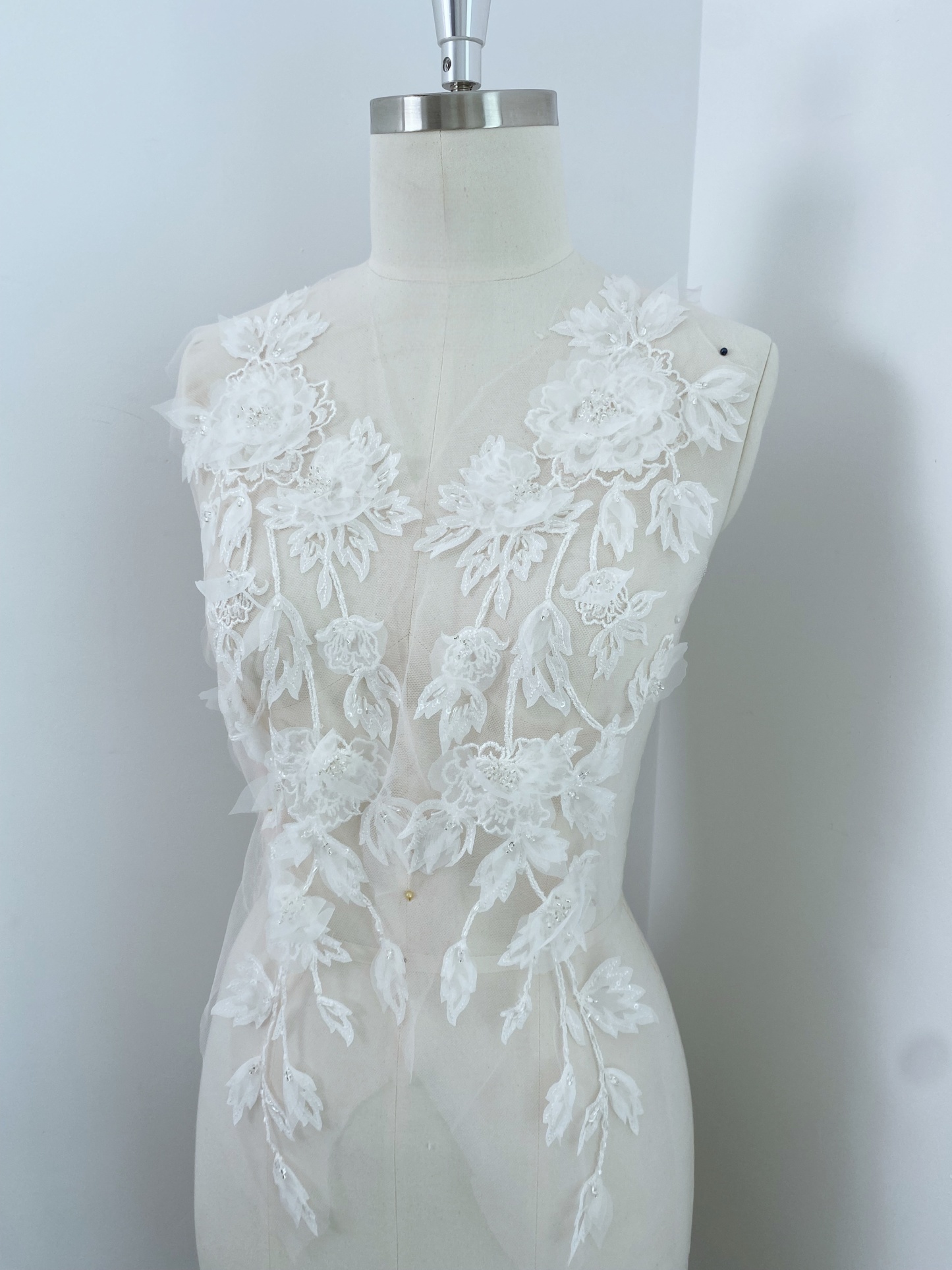 Ivory 3D Hand Beaded Bridal Lace Applique for Wedding Gown Bodice, Lace Veil, Couture Design, Floral Lace Trim, Wedding Dress Decor