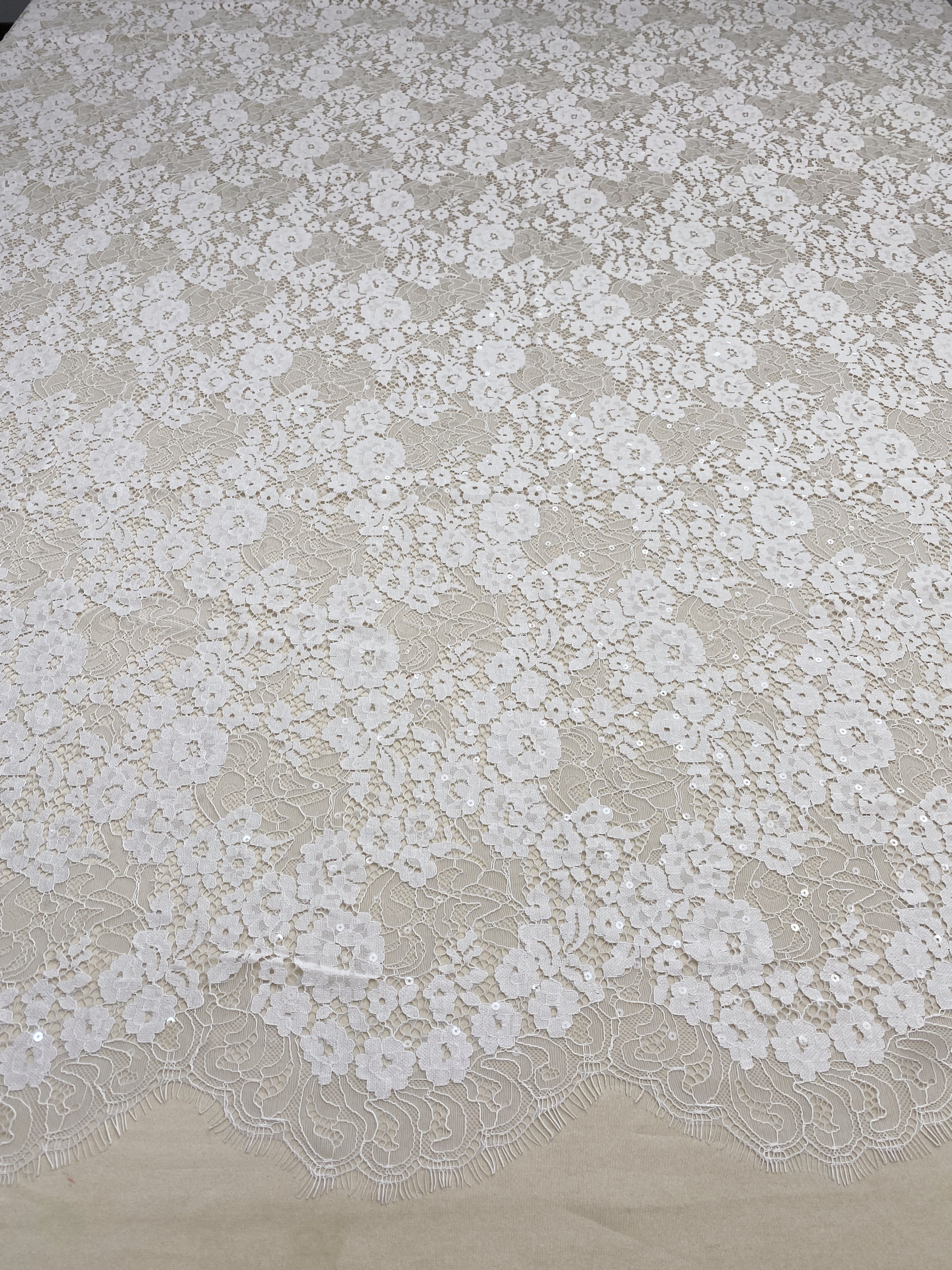 3 Meter French Chantilly Lace Fabric with Sequins, White Soft Wedding Lace with Scalloped Edge for Wedding Dress Veil Lace Robe