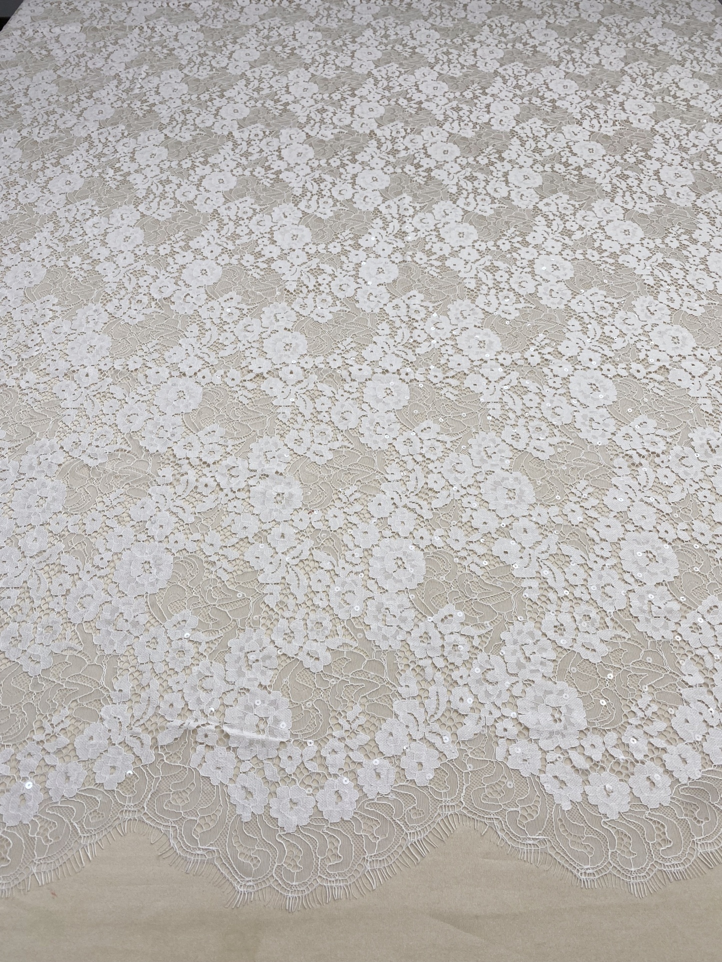 3 Meter French Chantilly Lace Fabric with Sequins, White Soft Wedding Lace with Scalloped Edge for Wedding Dress Veil Lace Robe