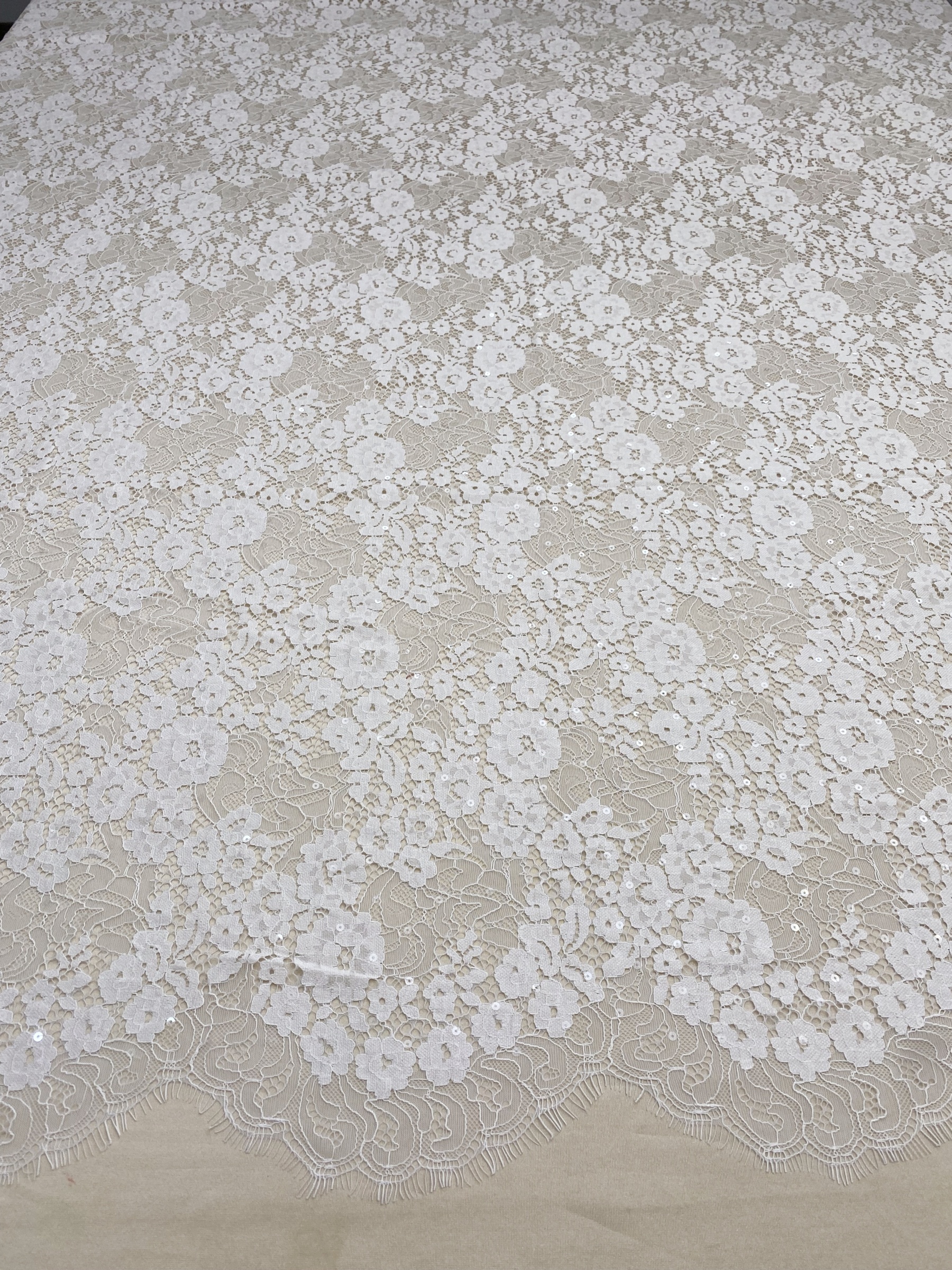 3 Meter French Chantilly Lace Fabric with Sequins, White Soft Wedding Lace with Scalloped Edge for Wedding Dress Veil Lace Robe