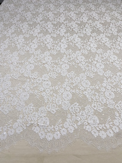 3 Meter French Chantilly Lace Fabric with Sequins, White Soft Wedding Lace with Scalloped Edge for Wedding Dress Veil Lace Robe
