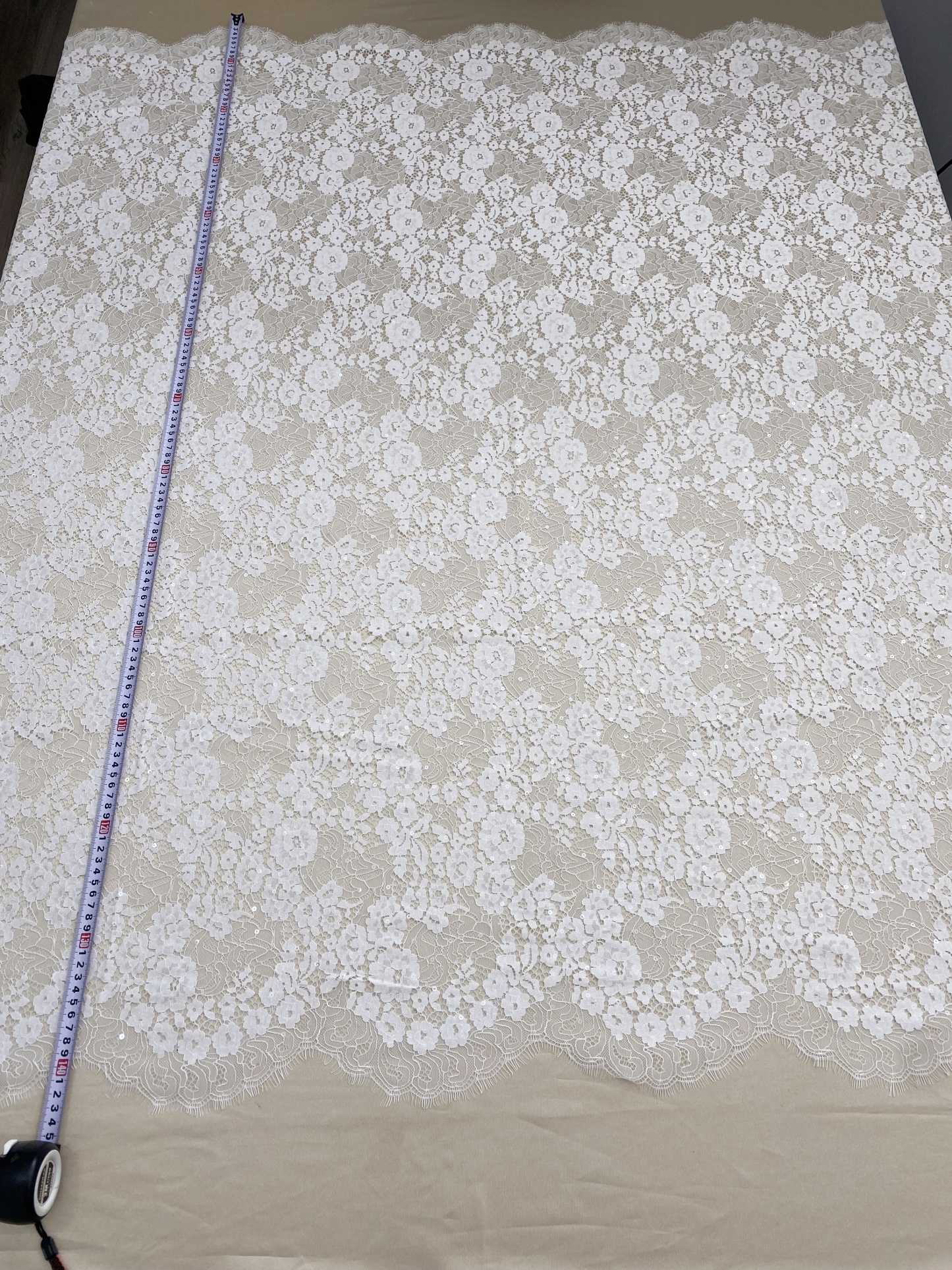 3 Meter French Chantilly Lace Fabric with Sequins, White Soft Wedding Lace with Scalloped Edge for Wedding Dress Veil Lace Robe
