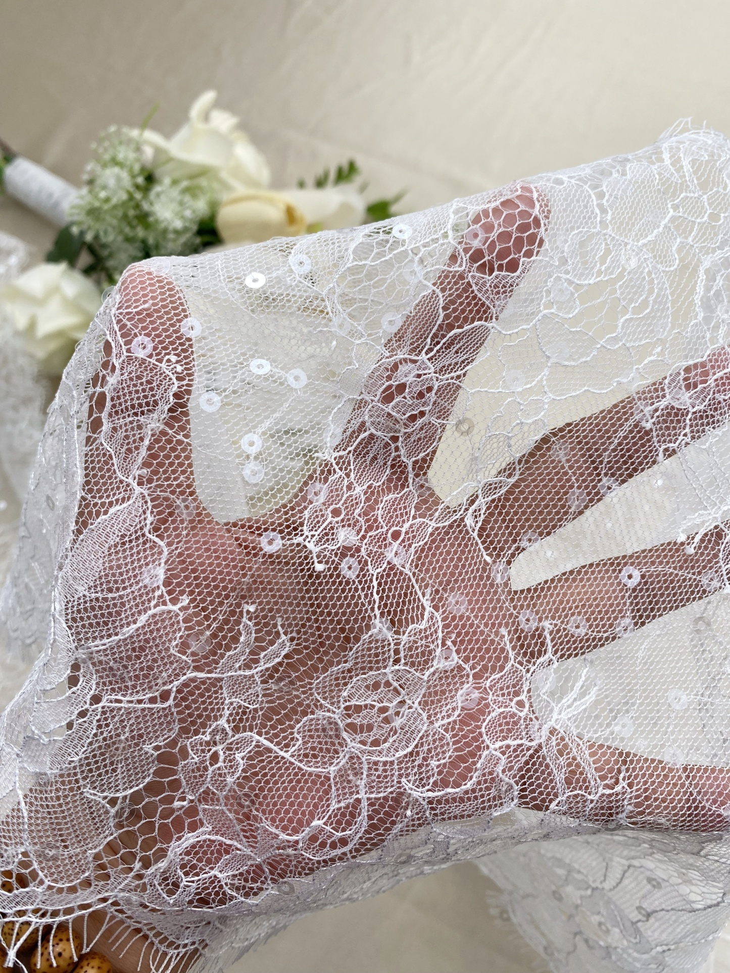 3 Meters French Chantilly Lace Trims with Double Side Scalloped, Sequins Lace Trim, Bridal Veil Lace Fabric