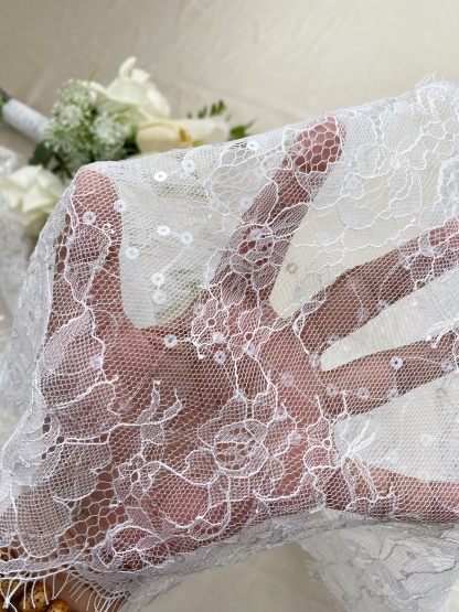 3 Meters French Chantilly Lace Trims with Double Side Scalloped, Sequins Lace Trim, Bridal Veil Lace Fabric
