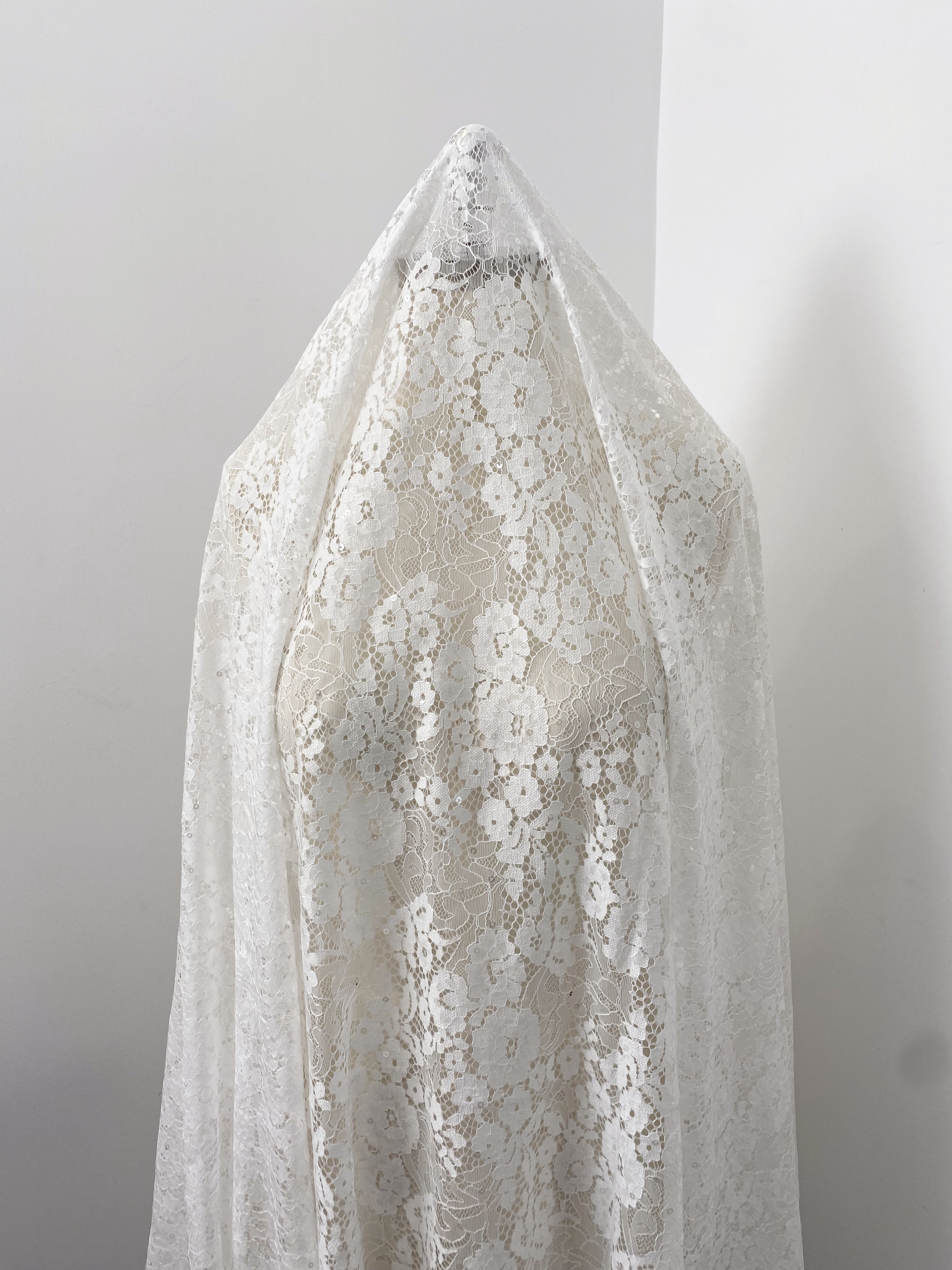 3 Meter French Chantilly Lace Fabric with Sequins, White Soft Wedding Lace with Scalloped Edge for Wedding Dress Veil Lace Robe