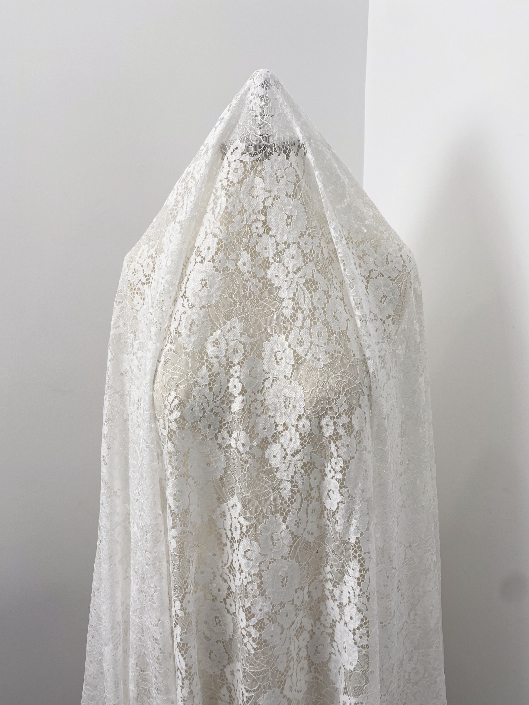 3 Meter French Chantilly Lace Fabric with Sequins, White Soft Wedding Lace with Scalloped Edge for Wedding Dress Veil Lace Robe