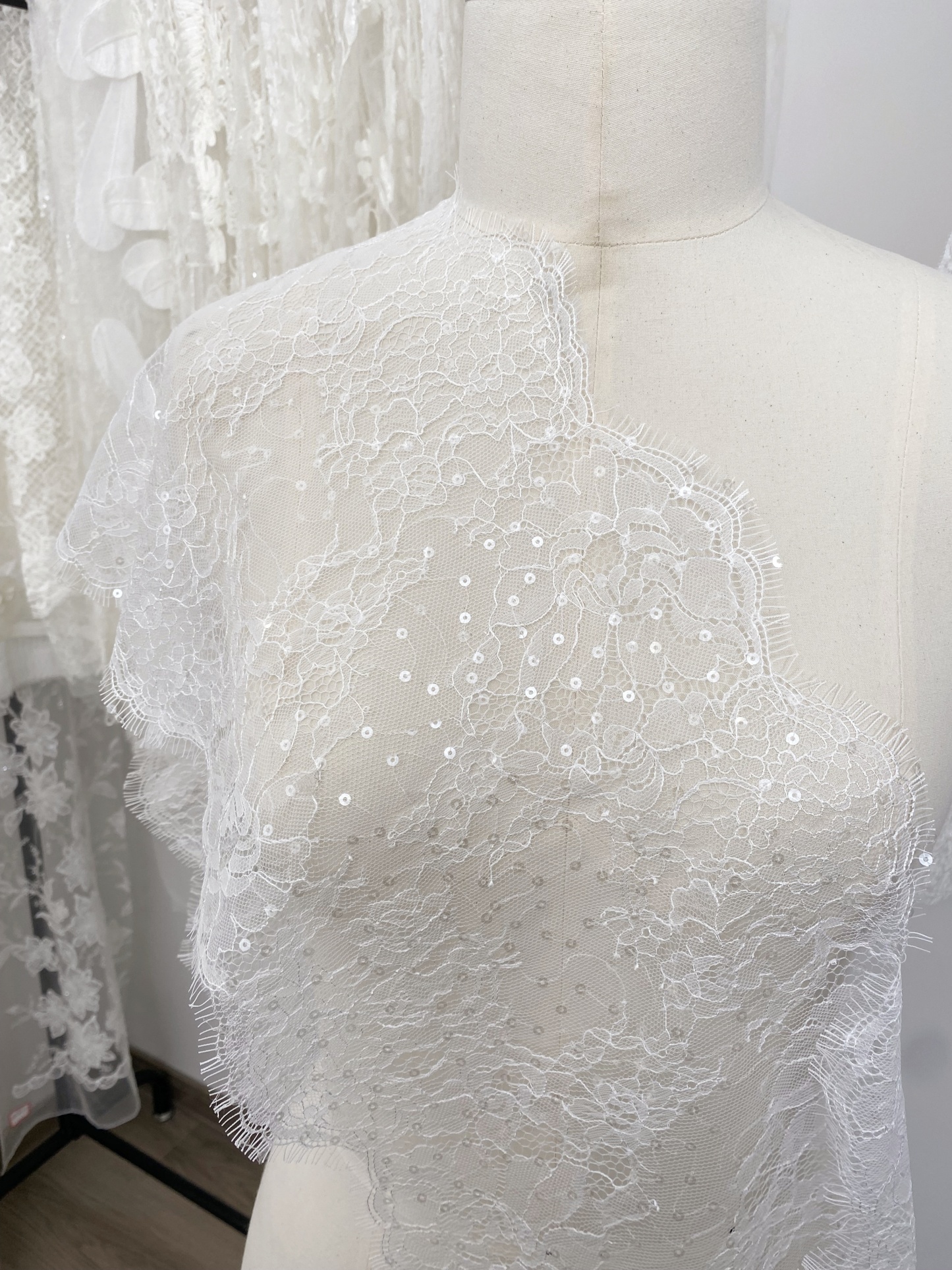 3 Meters French Chantilly Lace Trims with Double Side Scalloped, Sequins Lace Trim, Bridal Veil Lace Fabric
