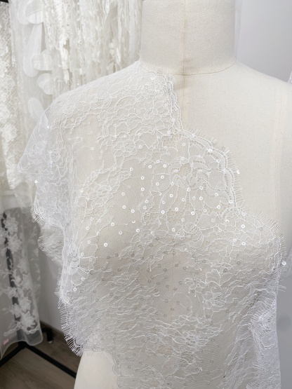 3 Meters French Chantilly Lace Trims with Double Side Scalloped, Sequins Lace Trim, Bridal Veil Lace Fabric