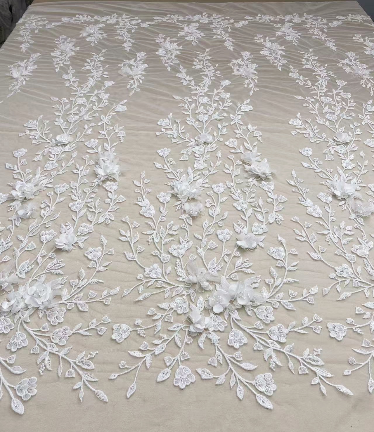 Customized: Ivory Handmade 3D Flower Lace Fabric | Beaded Bridal Lace with Floar Appliques for Wedding Dress,Veil, Couture 