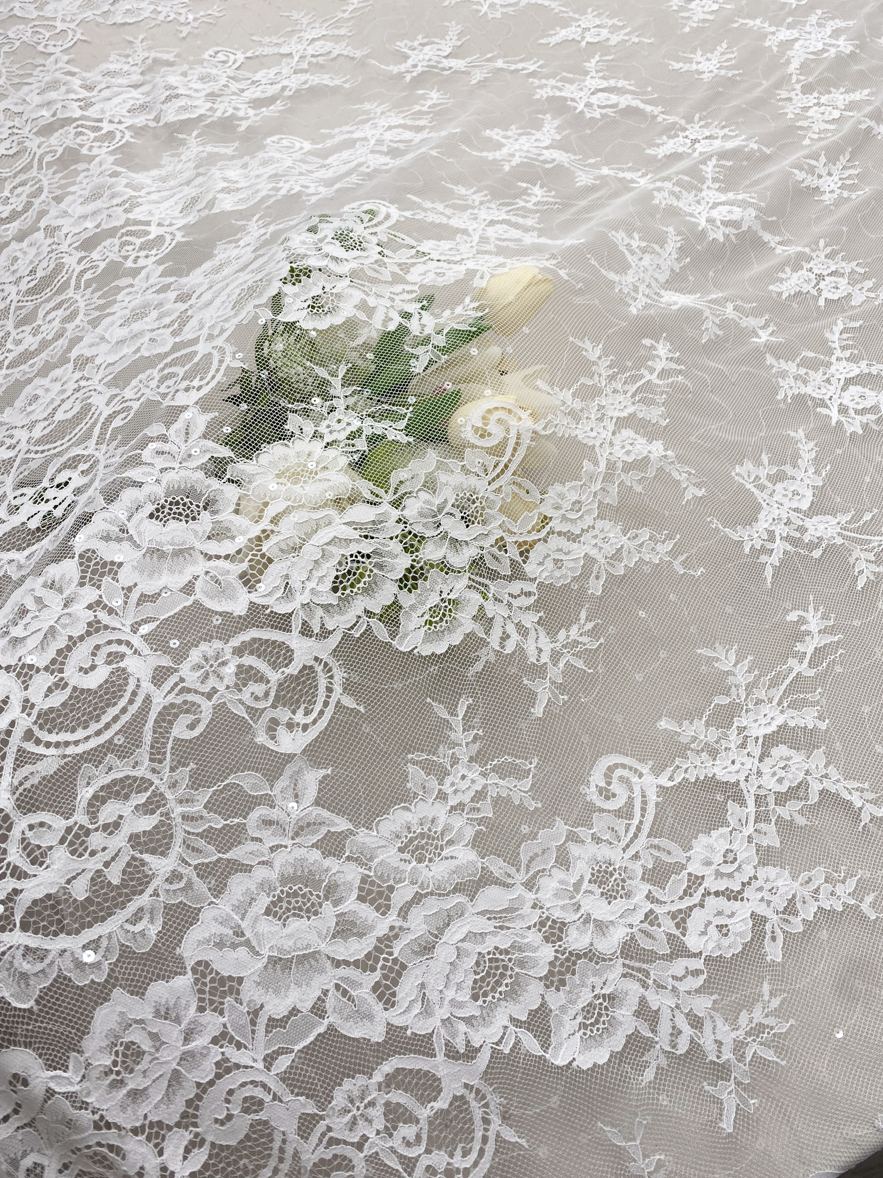 3 Meter French Chantilly Lace Fabric with Sequins, White Soft Wedding Lace with Scalloped Edge for Wedding Dress Veil Lace Robe
