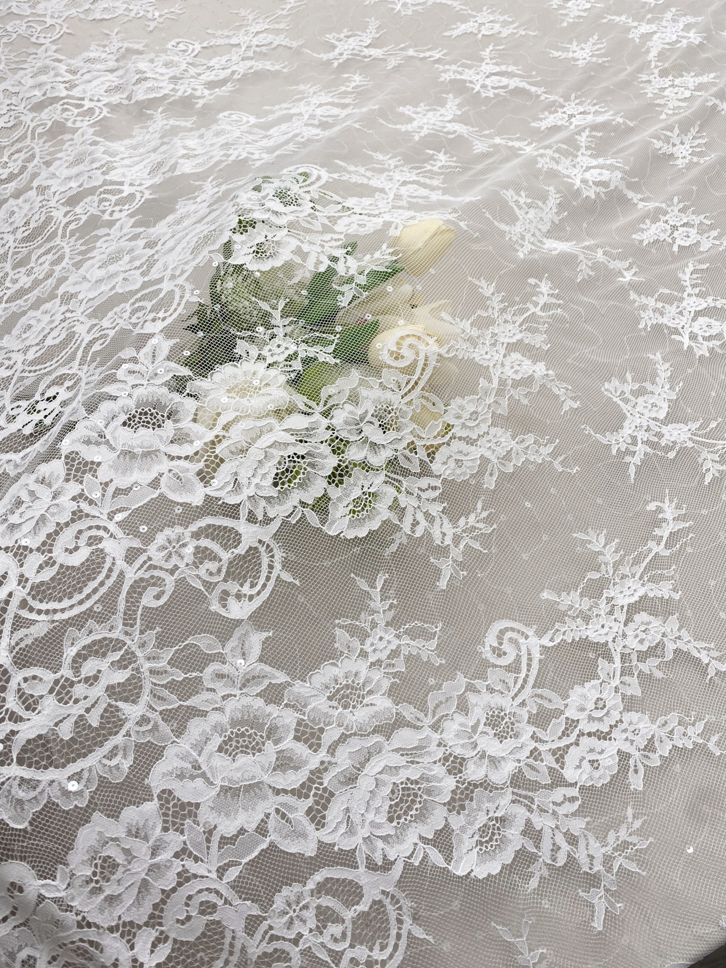 3 Meter French Chantilly Lace Fabric with Sequins, White Soft Wedding Lace with Scalloped Edge for Wedding Dress Veil Lace Robe