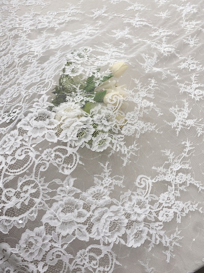 3 Meter French Chantilly Lace Fabric with Sequins, White Soft Wedding Lace with Scalloped Edge for Wedding Dress Veil Lace Robe