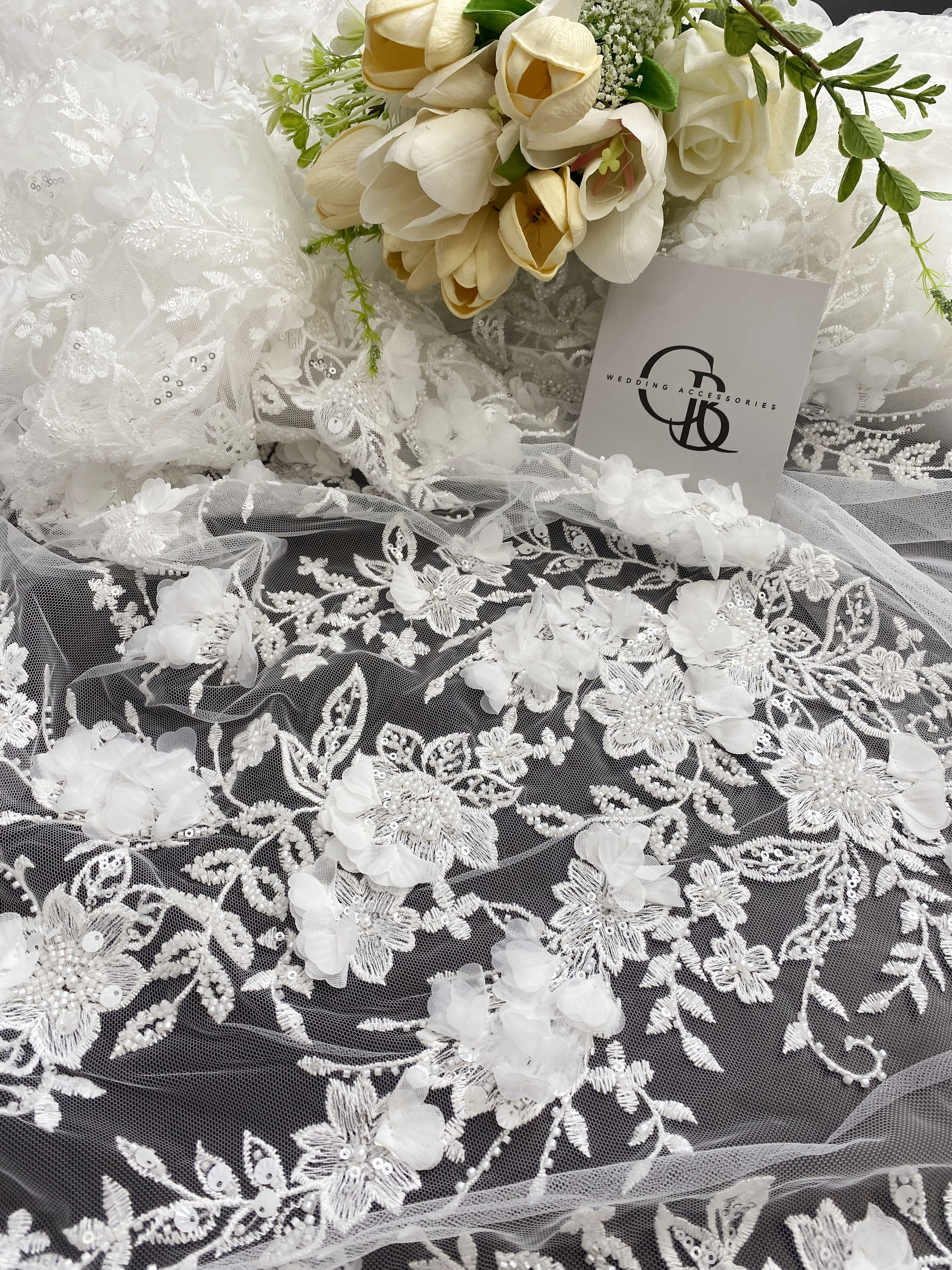 Ivory 3D Flower Lace Fabric with Pearls, Beaded Embroidered Tulle Lace For Bridal Veil Wedding Dress Prom, Evening gown, by 1 Yard