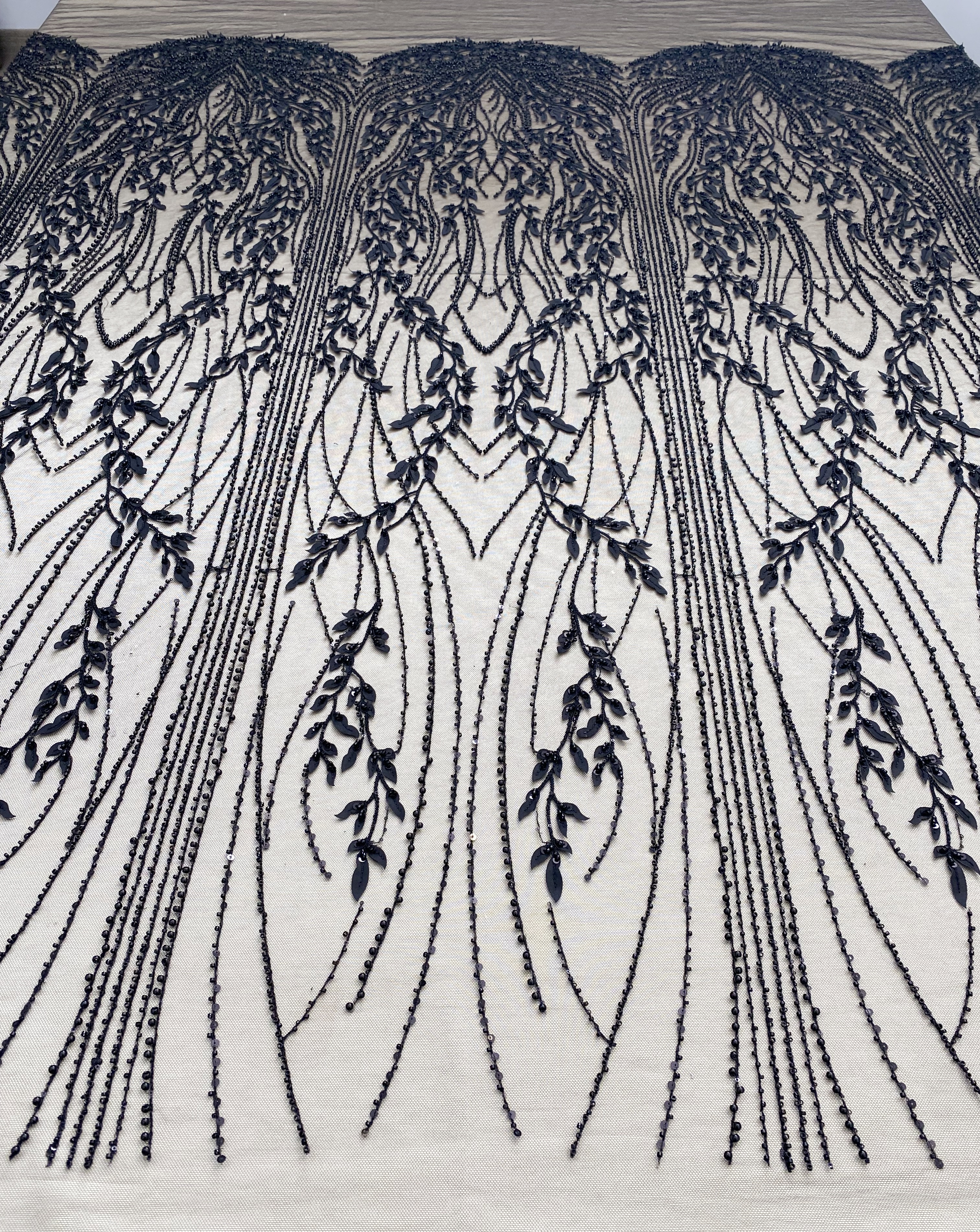Black Leaf Lace Fabric, Soft Beaded Floral Embroidery with 3D Leaves on Mesh for Gowns, Veils, Evening Dresses, Couture DIY