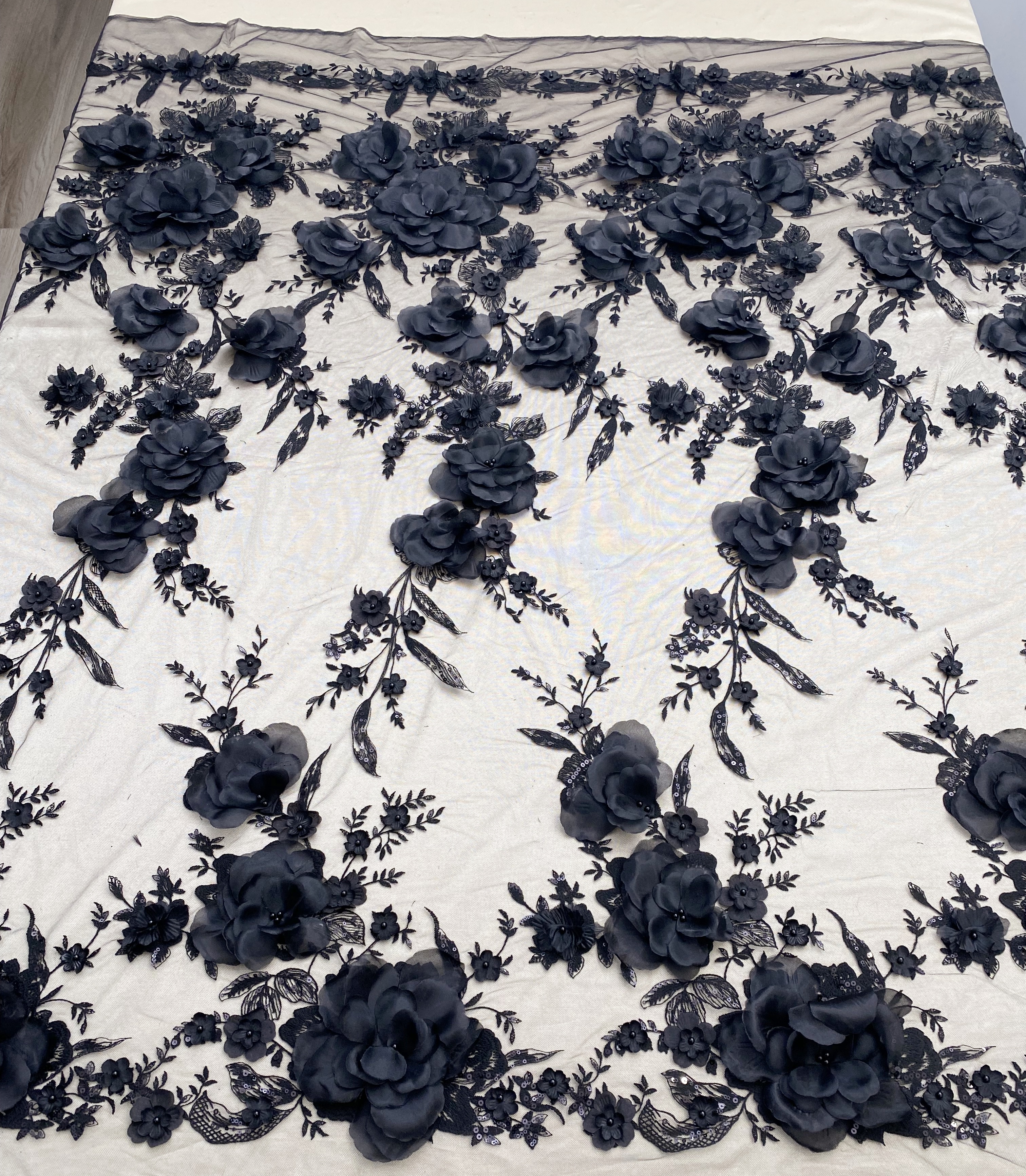 Black 3D Floral Embroidery Lace Fabric With Pearls, Soft Tulle lace For Wedding gown, Evening Dresses, Prom-Dress By The Yard