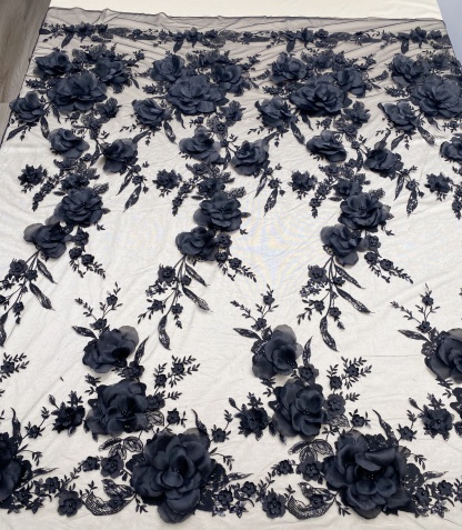 Black 3D Floral Embroidery Lace Fabric With Pearls, Soft Tulle lace For Wedding gown, Evening Dresses, Prom-Dress By The Yard