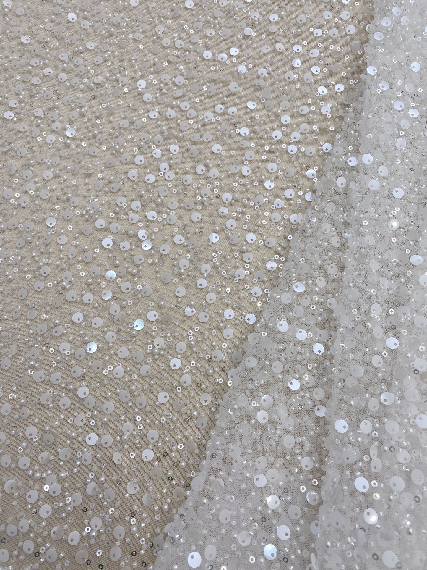 Beads and Sequined Tulle Fabric, Off-White Sequined Bridal Mesh Lace Fabric for Wedding Dress Veil Bridal Gown, Sold by 1 Yard