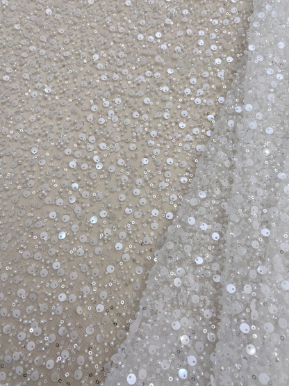 Beads and Sequined Tulle Fabric, Off-White Sequined Bridal Mesh Lace Fabric for Wedding Dress Veil Bridal Gown, Sold by 1 Yard