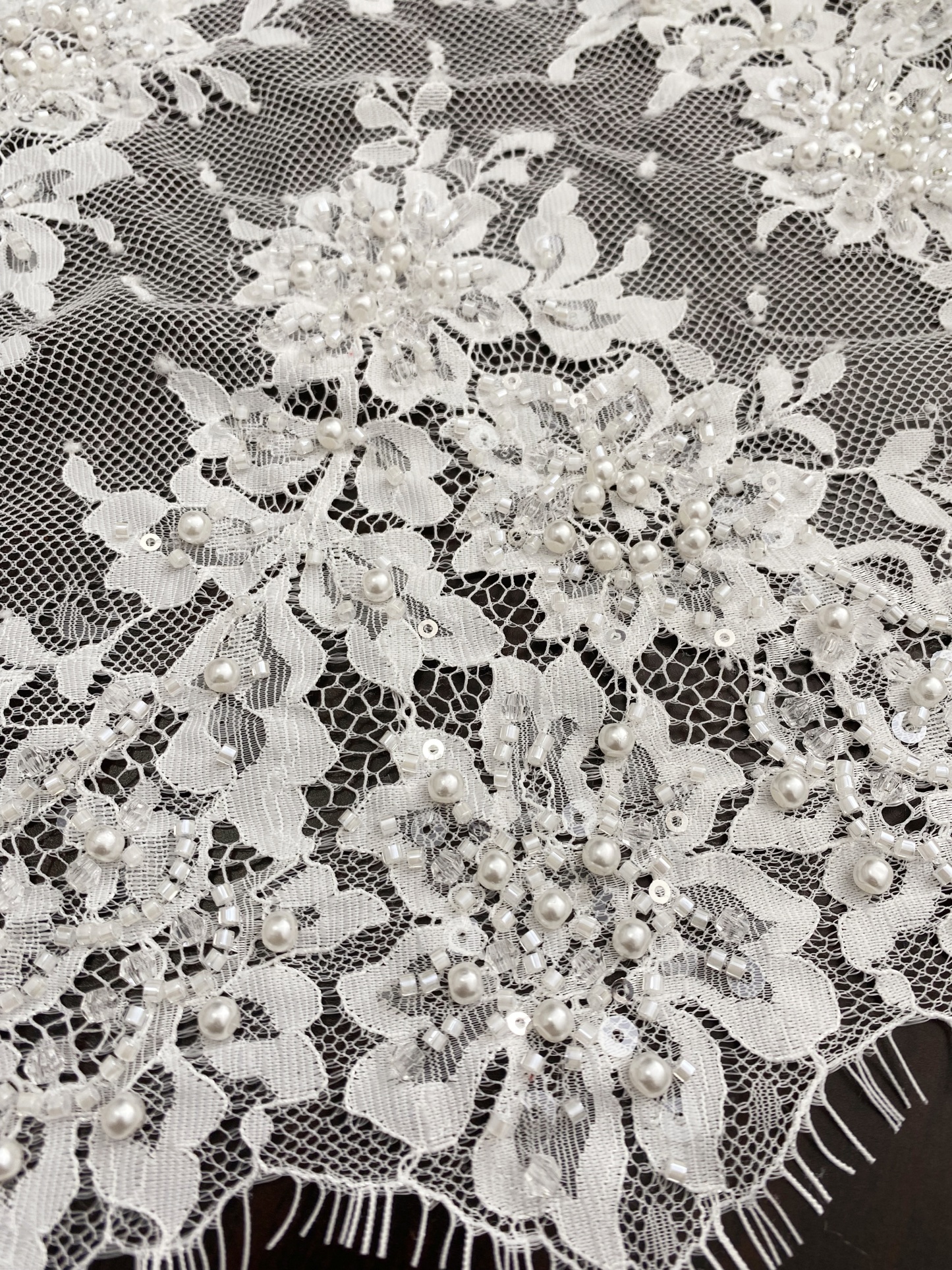 French Chantilly Lace Double Side Scalloped Beaded Lace Trim with Eyelash，Veil Lace Fabric, Bridal Wedding Accessories，Sold as 3-Meter Piece