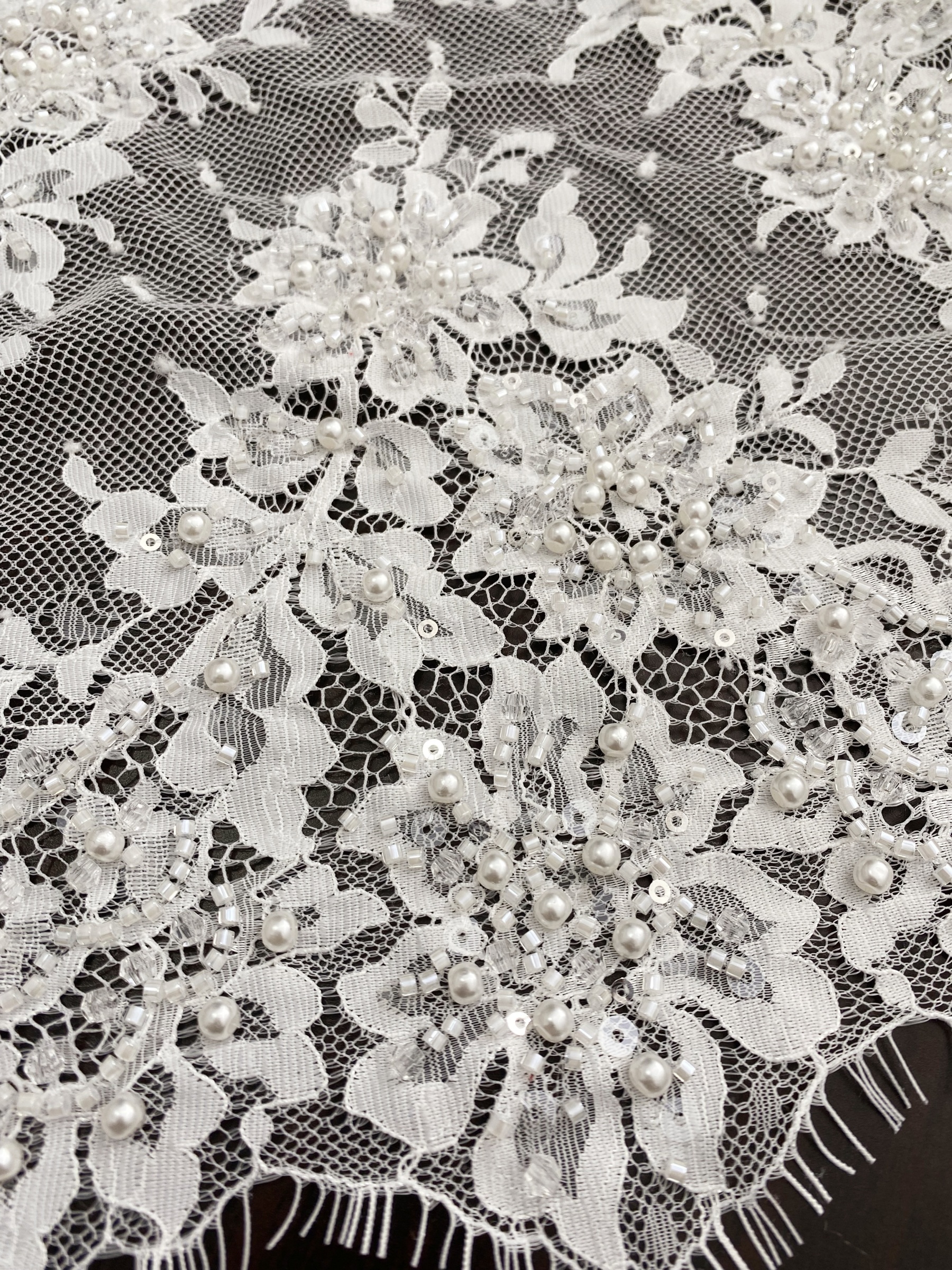 French Chantilly Lace Double Side Scalloped Beaded Lace Trim with Eyelash，Veil Lace Fabric, Bridal Wedding Accessories，Sold as 3-Meter Piece