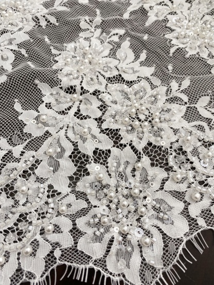 French Chantilly Lace Double Side Scalloped Beaded Lace Trim with Eyelash，Veil Lace Fabric, Bridal Wedding Accessories，Sold as 3-Meter Piece