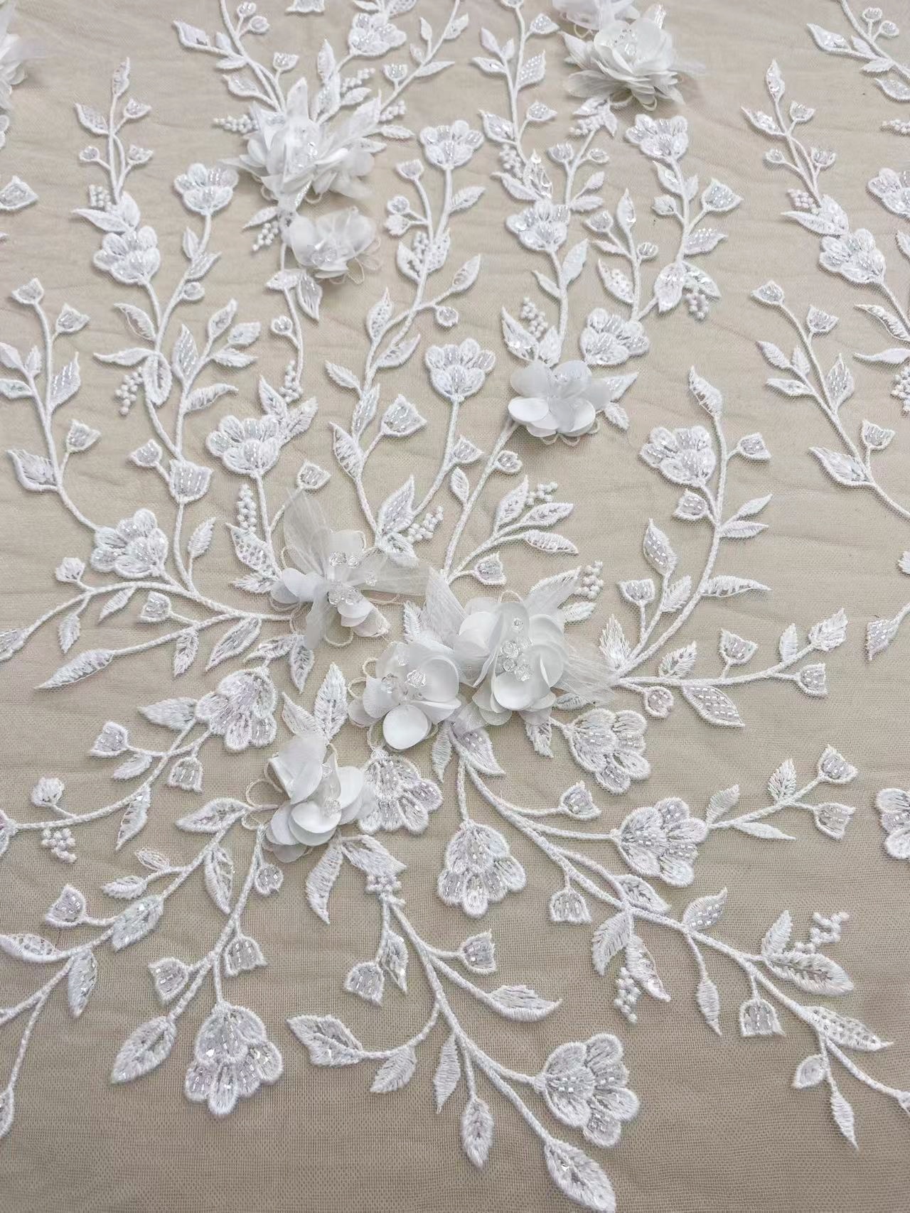 Customized: Ivory Handmade 3D Flower Lace Fabric | Beaded Bridal Lace with Floar Appliques for Wedding Dress,Veil, Couture 