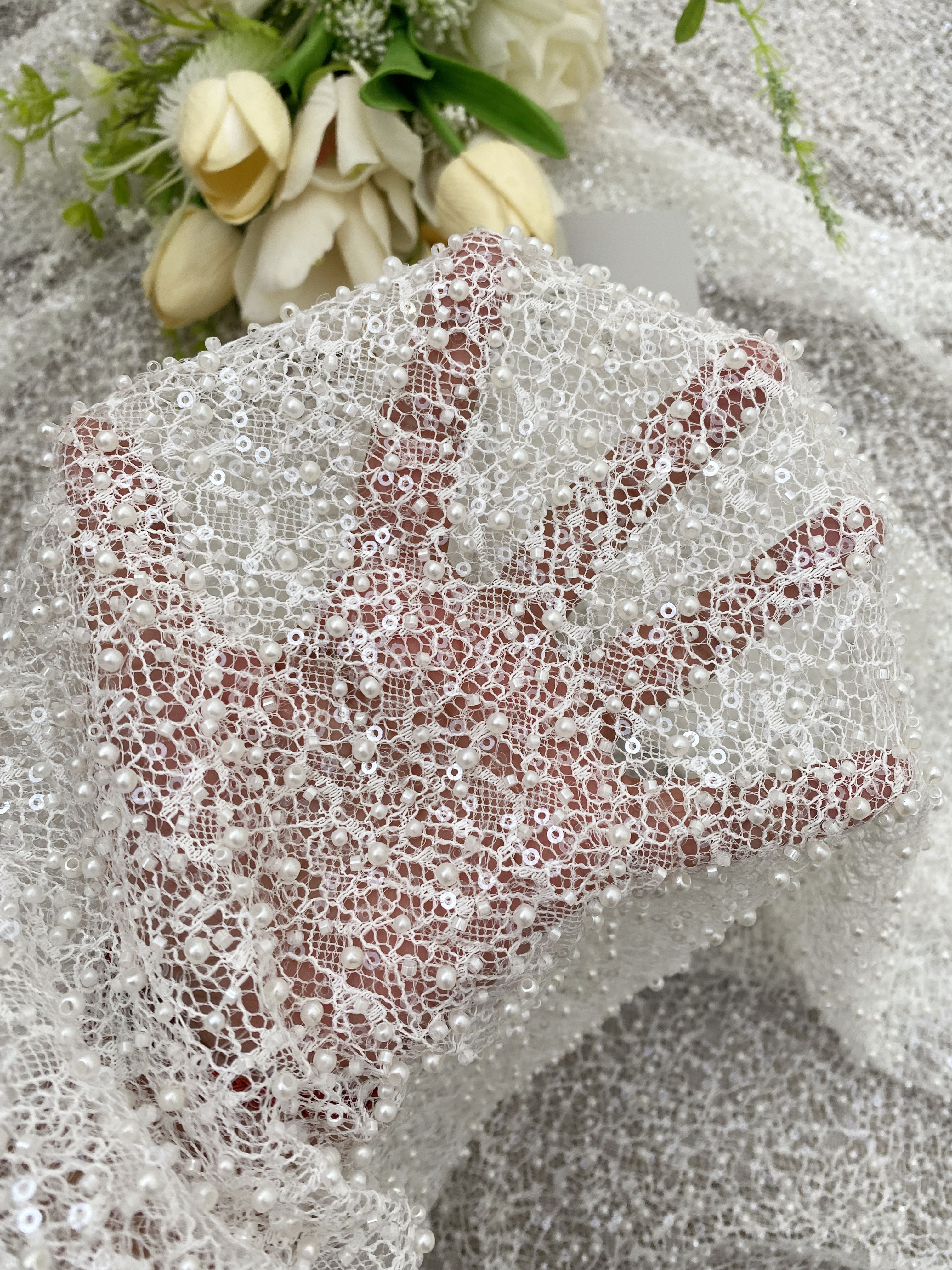 Ivory Beaded Lace Fabric with Pearls, Embroidered Bridal Material for Dresses and Gowns