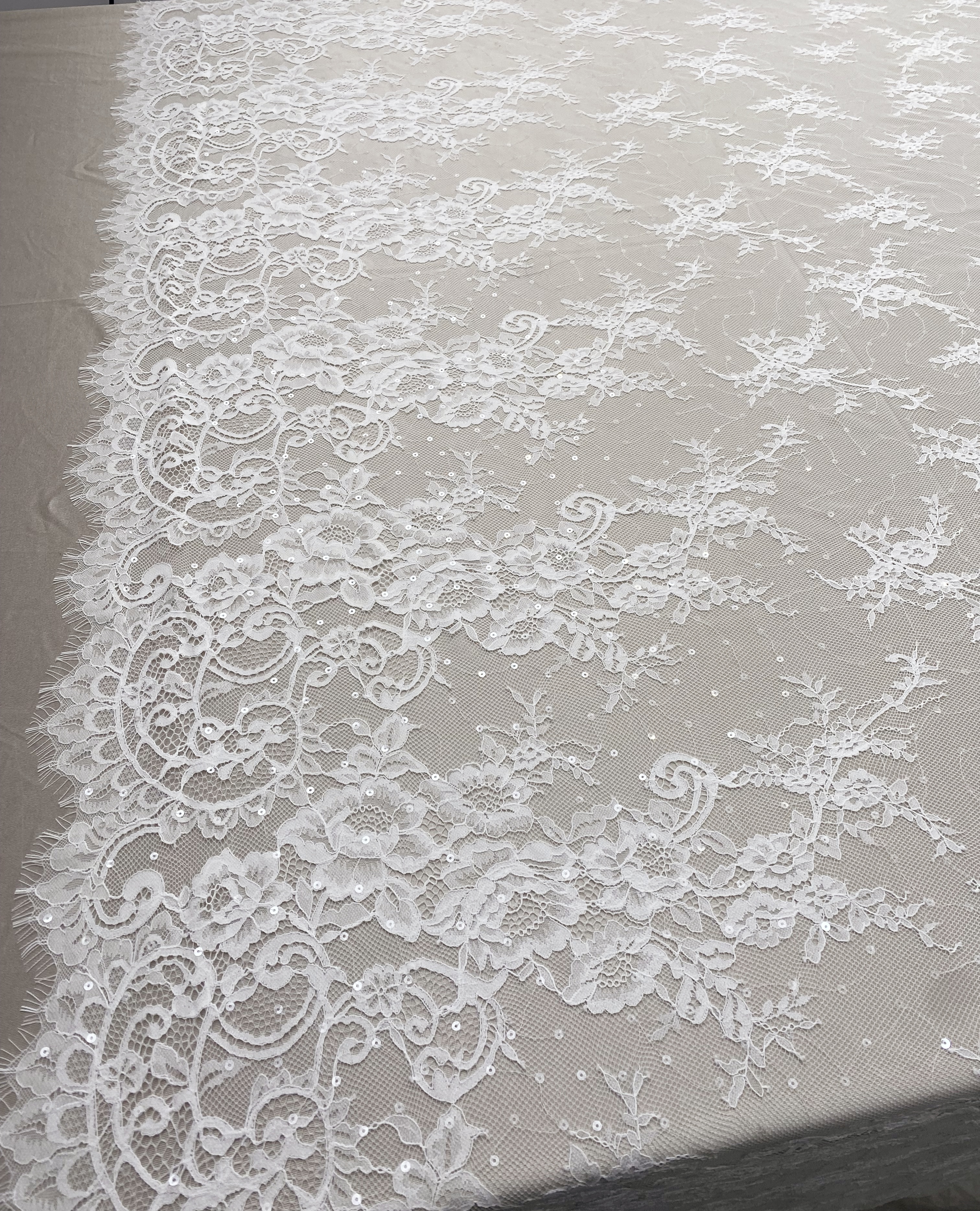 3 Meter French Chantilly Lace Fabric with Sequins, White Soft Wedding Lace with Scalloped Edge for Wedding Dress Veil Lace Robe