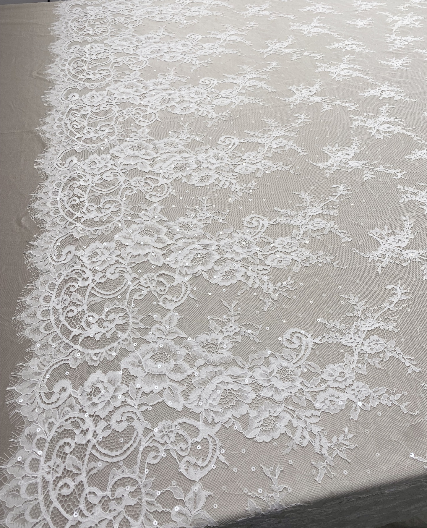3 Meter French Chantilly Lace Fabric with Sequins, White Soft Wedding Lace with Scalloped Edge for Wedding Dress Veil Lace Robe
