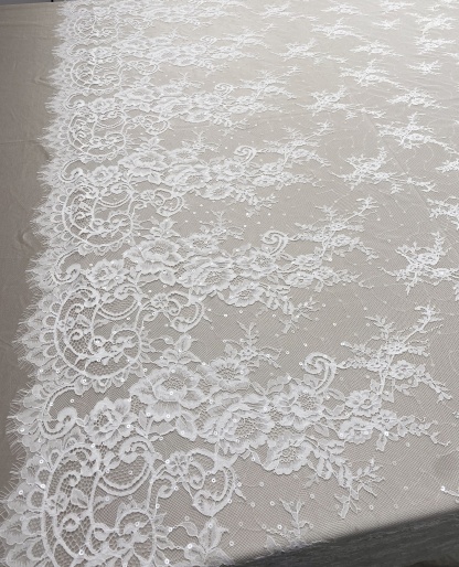 3 Meter French Chantilly Lace Fabric with Sequins, White Soft Wedding Lace with Scalloped Edge for Wedding Dress Veil Lace Robe