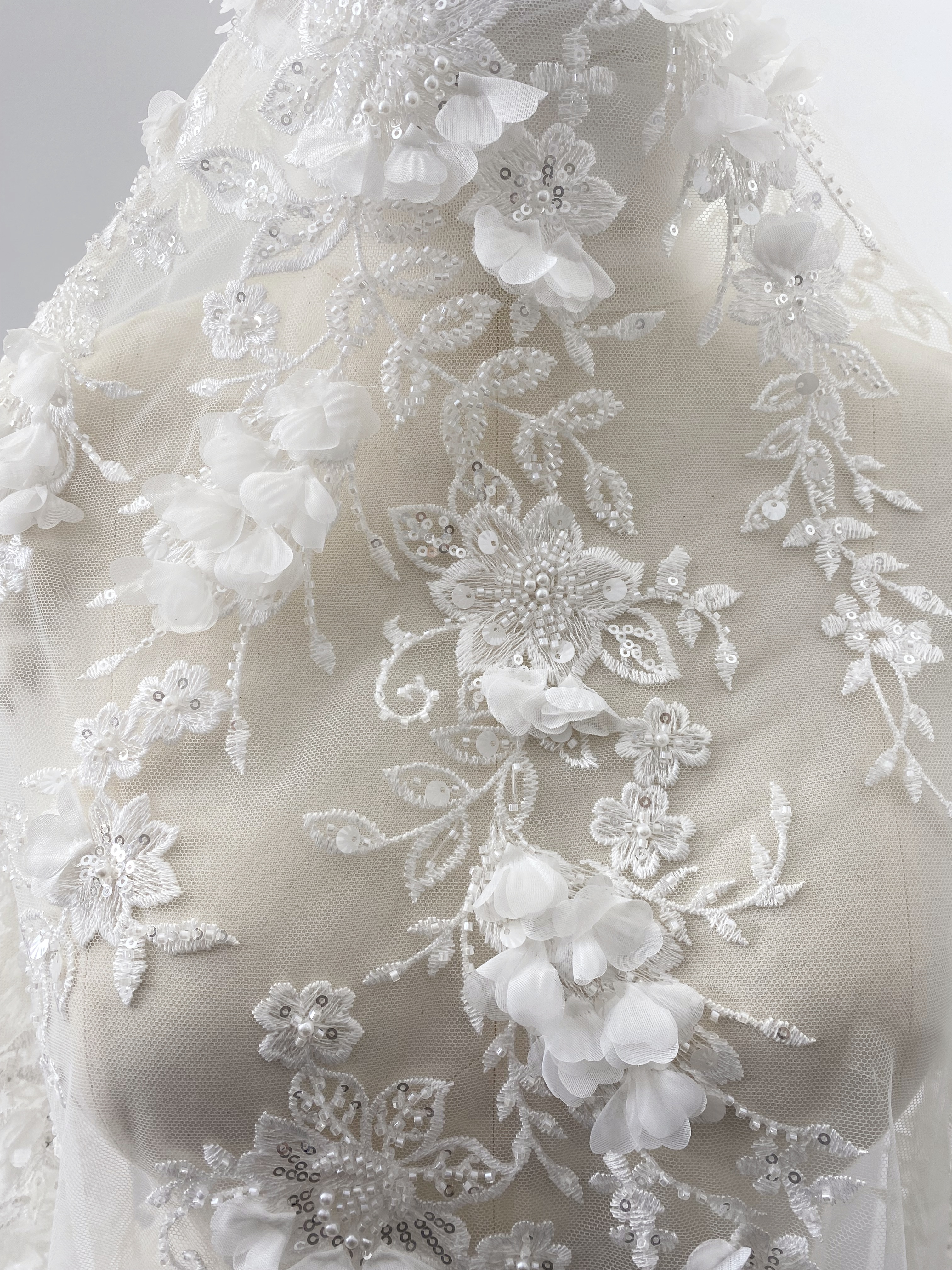 Ivory 3D Flower Lace Fabric with Pearls, Beaded Embroidered Tulle Lace For Bridal Veil Wedding Dress Prom, Evening gown, by 1 Yard