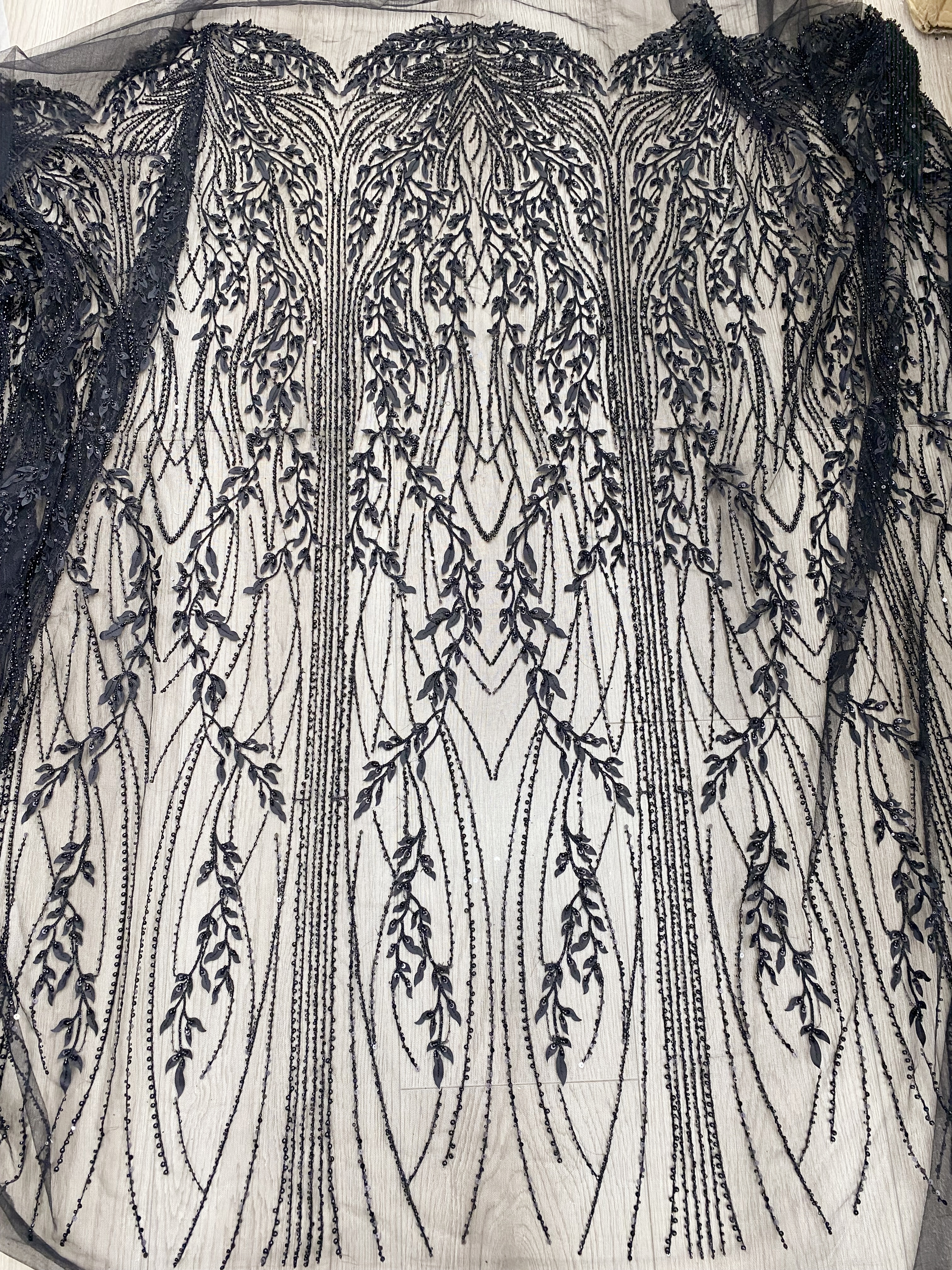 Black Leaf Lace Fabric, Soft Beaded Floral Embroidery with 3D Leaves on Mesh for Gowns, Veils, Evening Dresses, Couture DIY