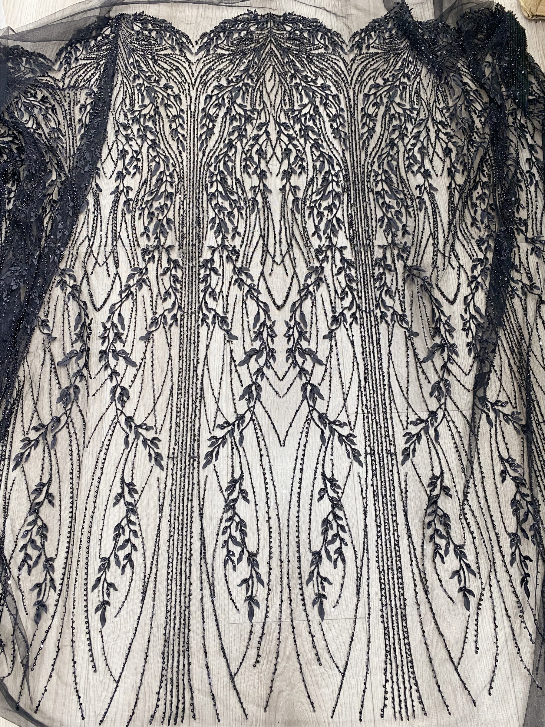 Black Leaf Lace Fabric, Soft Beaded Floral Embroidery with 3D Leaves on Mesh for Gowns, Veils, Evening Dresses, Couture DIY