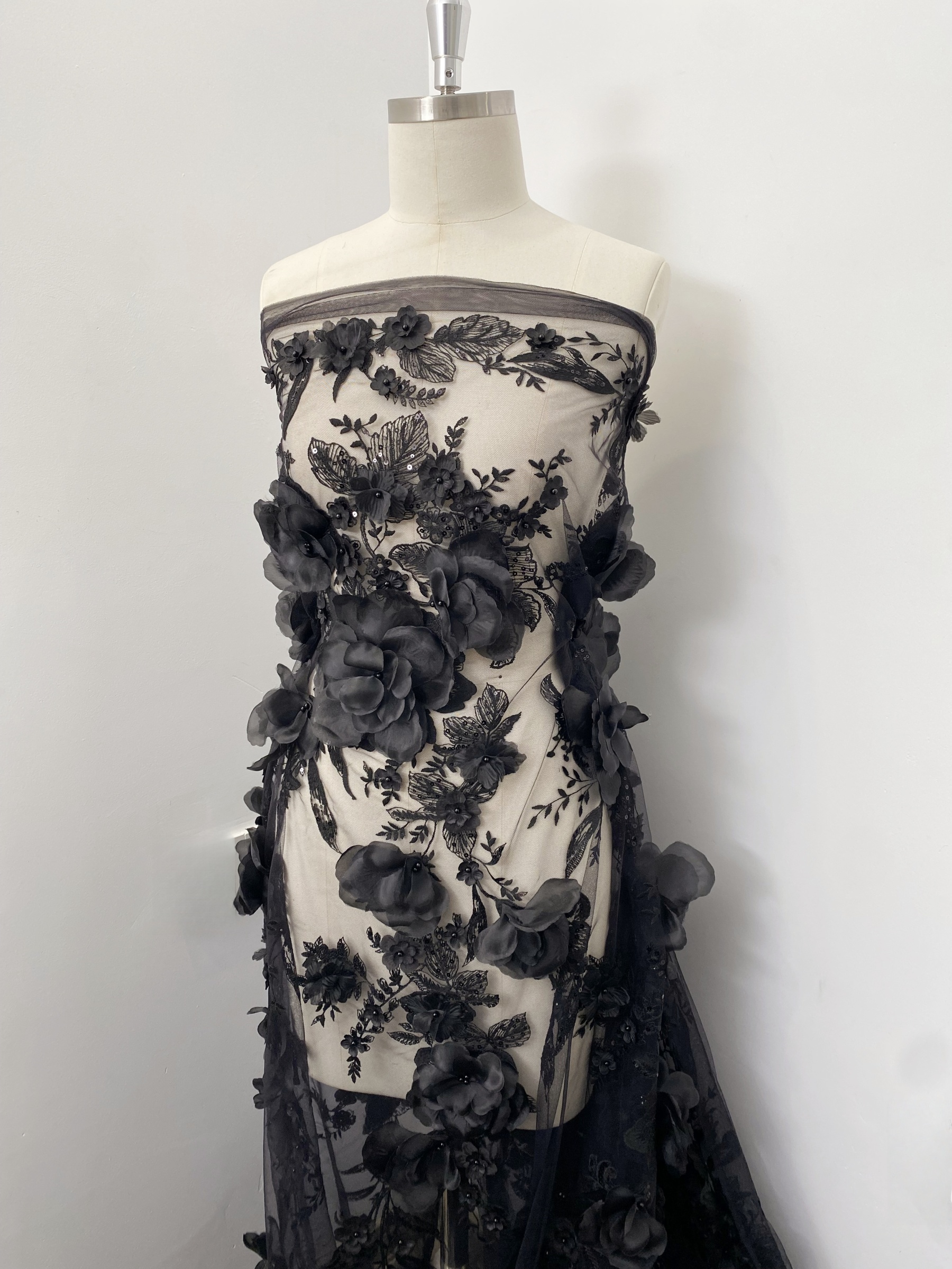 Black 3D Floral Embroidery Lace Fabric With Pearls, Soft Tulle lace For Wedding gown, Evening Dresses, Prom-Dress By The Yard