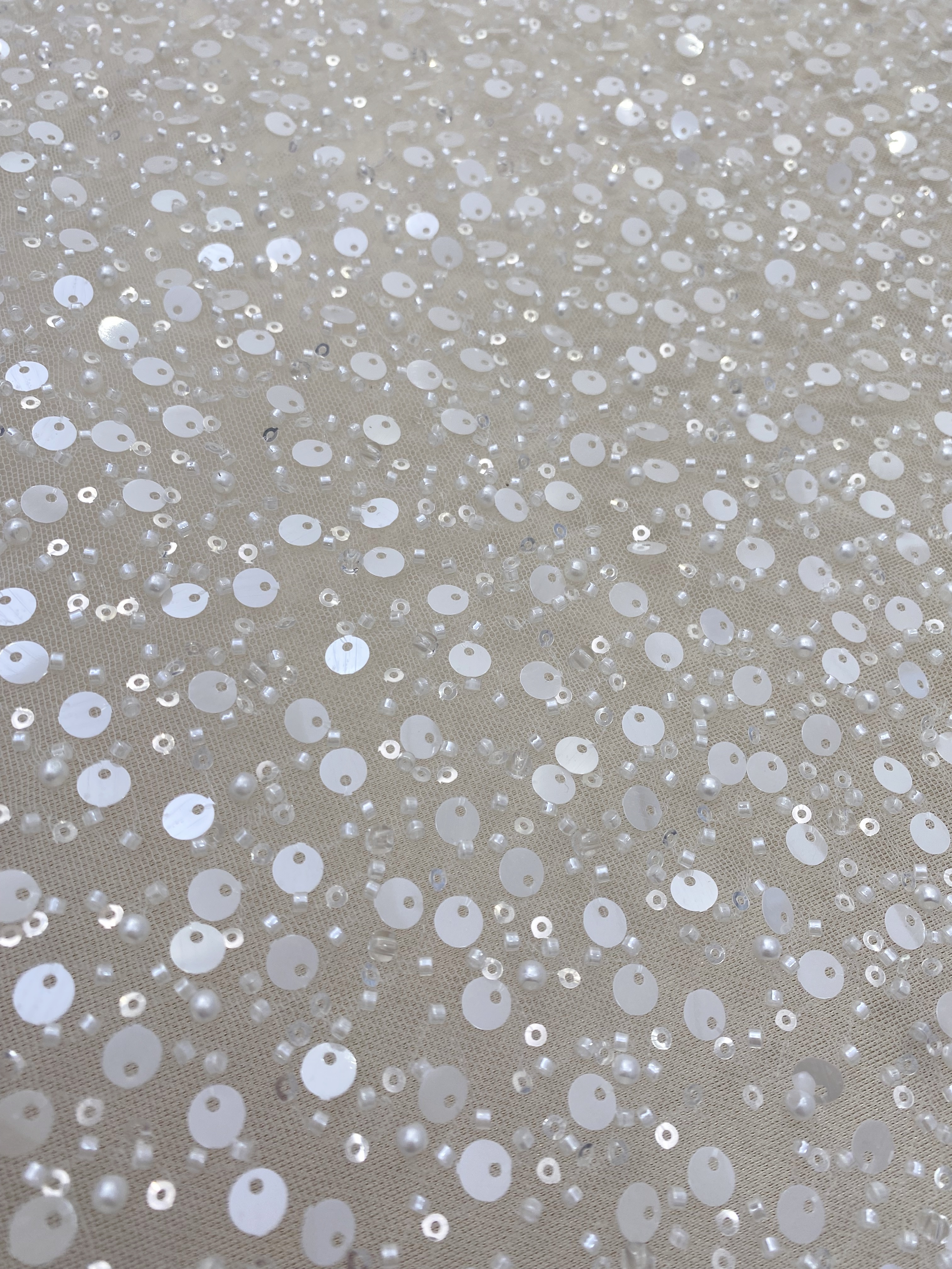 Beads and Sequined Tulle Fabric, Off-White Sequined Bridal Mesh Lace Fabric for Wedding Dress Veil Bridal Gown, Sold by 1 Yard