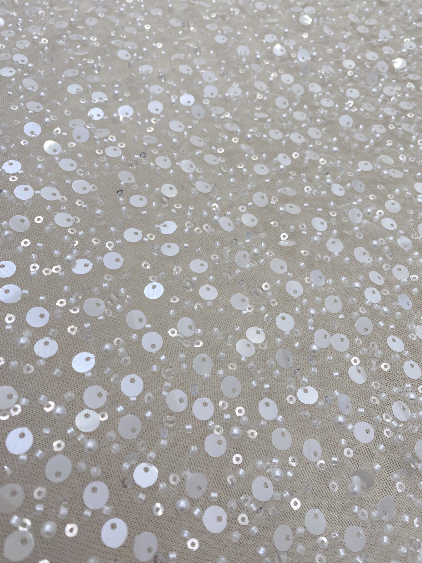 Beads and Sequined Tulle Fabric, Off-White Sequined Bridal Mesh Lace Fabric for Wedding Dress Veil Bridal Gown, Sold by 1 Yard