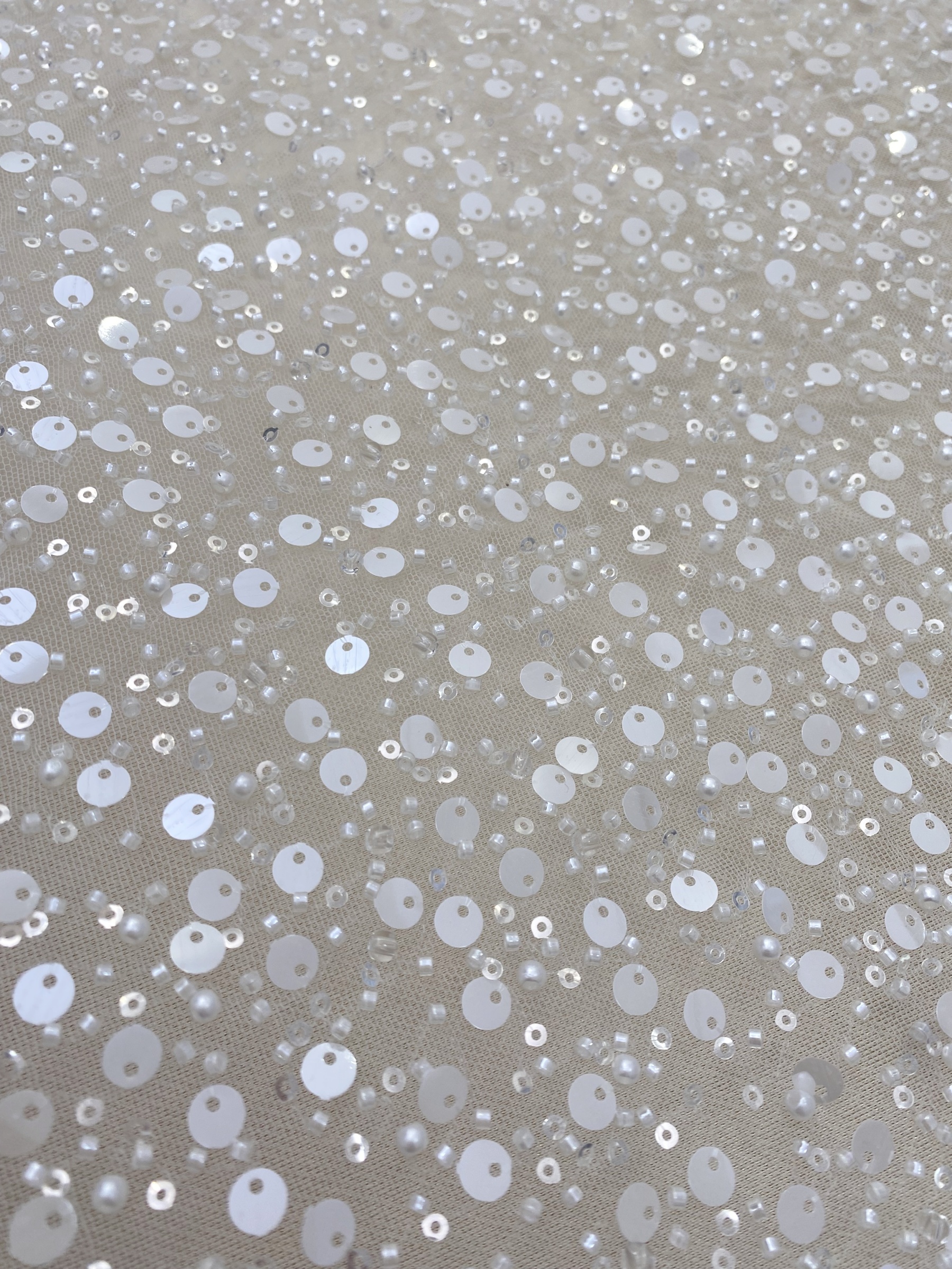 Beads and Sequined Tulle Fabric, Off-White Sequined Bridal Mesh Lace Fabric for Wedding Dress Veil Bridal Gown, Sold by 1 Yard