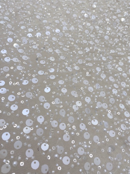 Beads and Sequined Tulle Fabric, Off-White Sequined Bridal Mesh Lace Fabric for Wedding Dress Veil Bridal Gown, Sold by 1 Yard