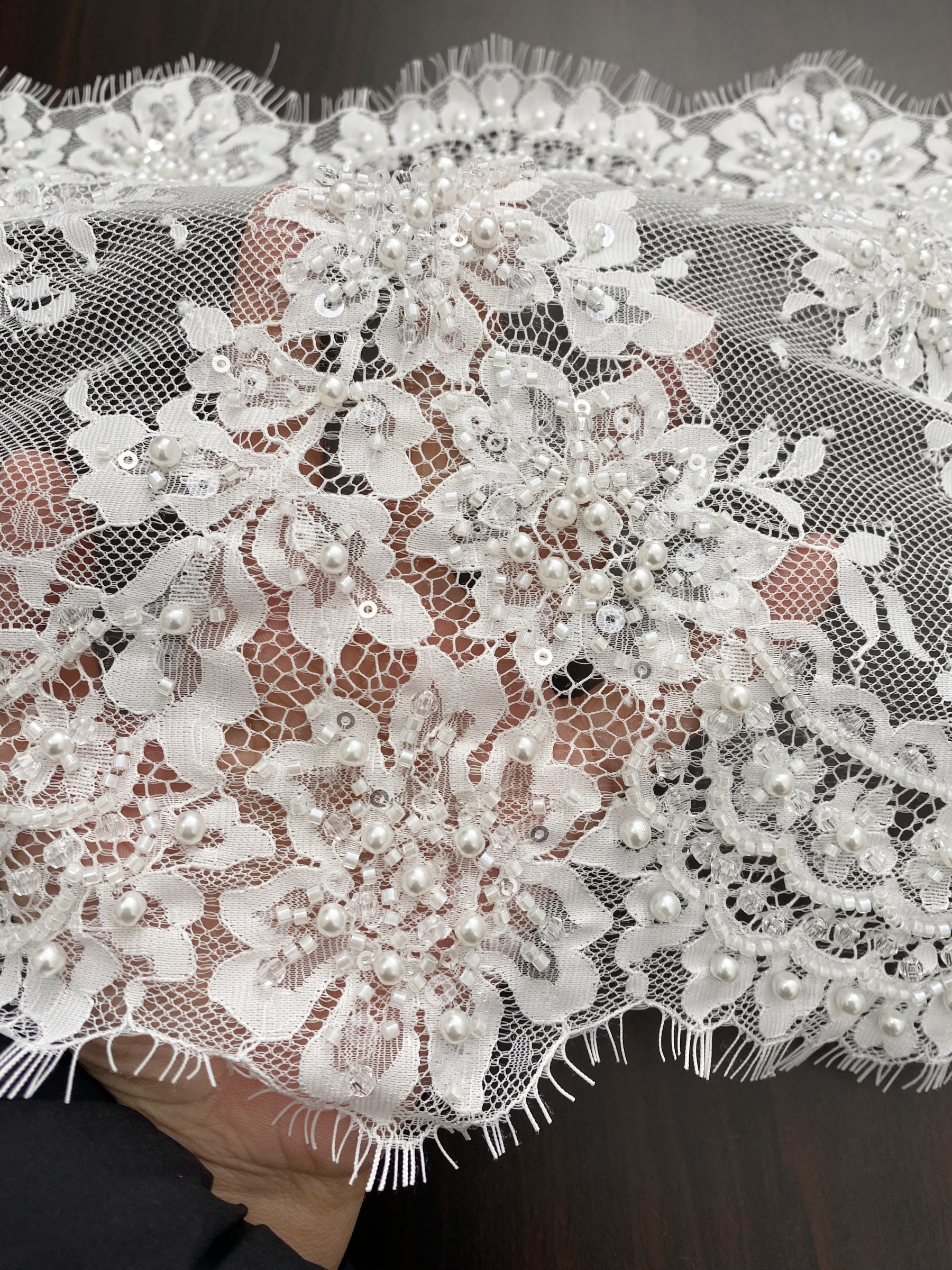 French Chantilly Lace Double Side Scalloped Beaded Lace Trim with Eyelash，Veil Lace Fabric, Bridal Wedding Accessories，Sold as 3-Meter Piece