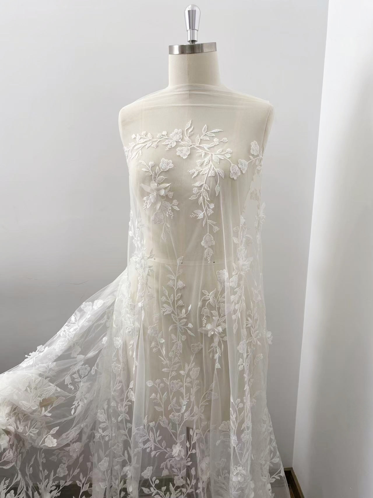 Customized: Ivory Handmade 3D Flower Lace Fabric | Beaded Bridal Lace with Floar Appliques for Wedding Dress,Veil, Couture 