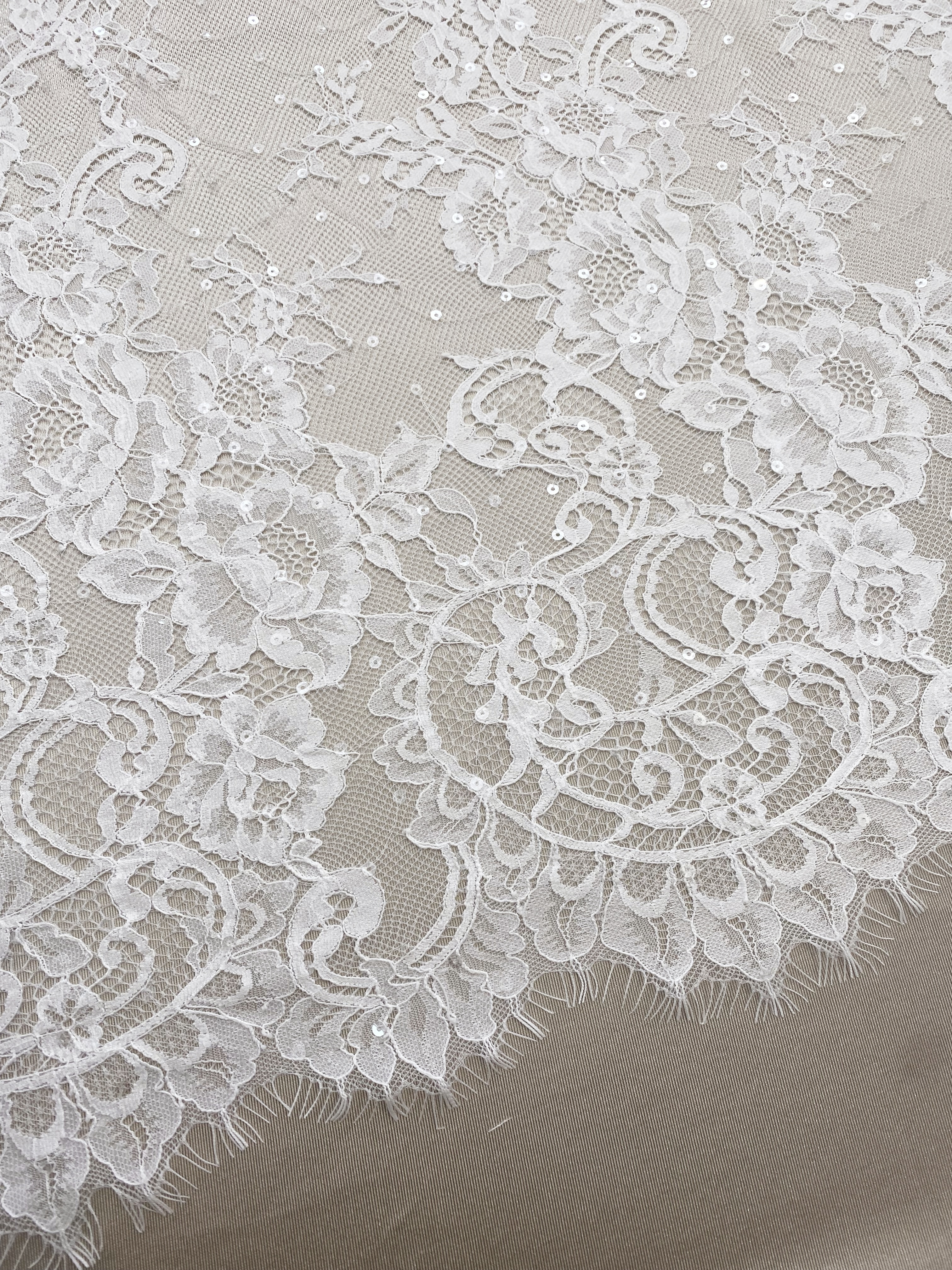3 Meter French Chantilly Lace Fabric with Sequins, White Soft Wedding Lace with Scalloped Edge for Wedding Dress Veil Lace Robe