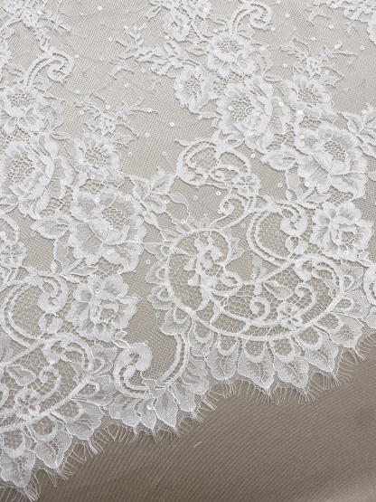 3 Meter French Chantilly Lace Fabric with Sequins, White Soft Wedding Lace with Scalloped Edge for Wedding Dress Veil Lace Robe