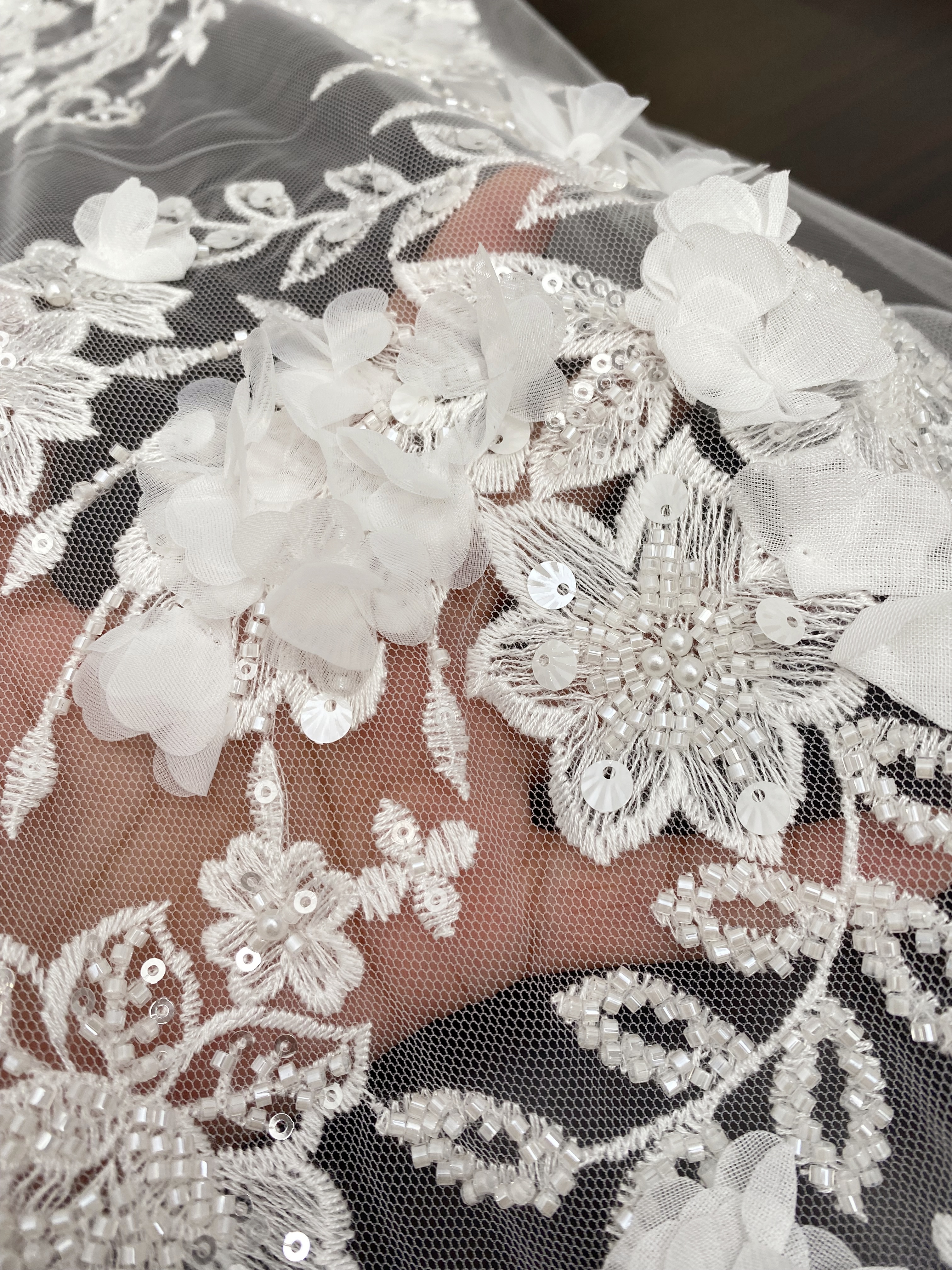 Ivory 3D Flower Lace Fabric with Pearls, Beaded Embroidered Tulle Lace For Bridal Veil Wedding Dress Prom, Evening gown, by 1 Yard