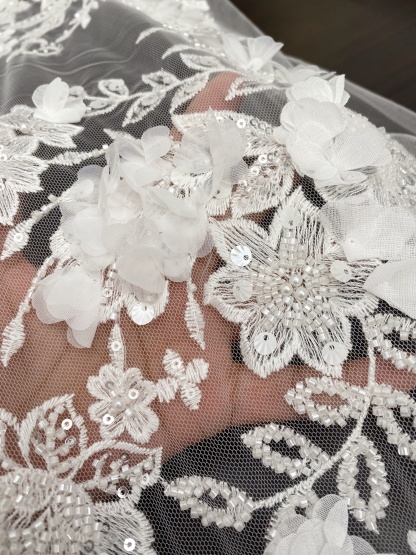 Ivory 3D Flower Lace Fabric with Pearls, Beaded Embroidered Tulle Lace For Bridal Veil Wedding Dress Prom, Evening gown, by 1 Yard