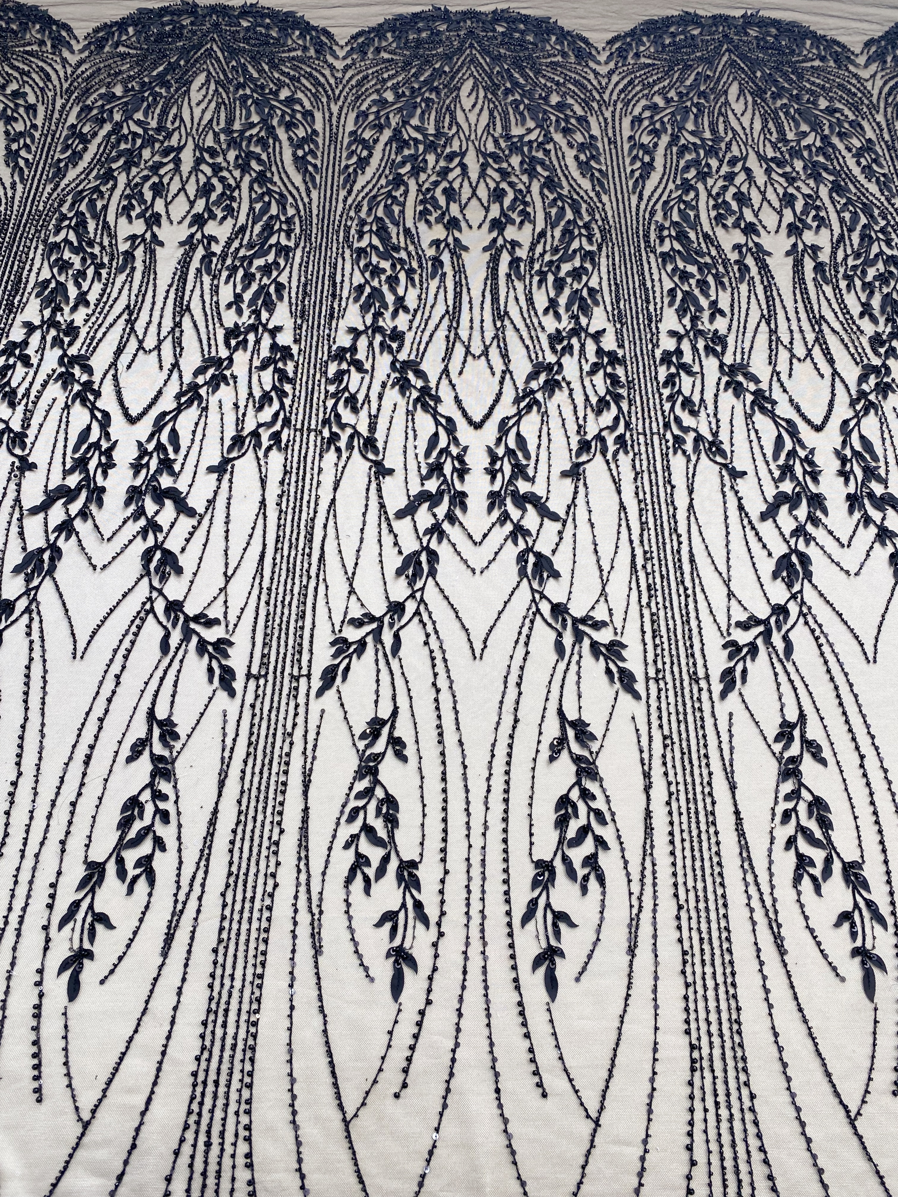 Black Leaf Lace Fabric, Soft Beaded Floral Embroidery with 3D Leaves on Mesh for Gowns, Veils, Evening Dresses, Couture DIY