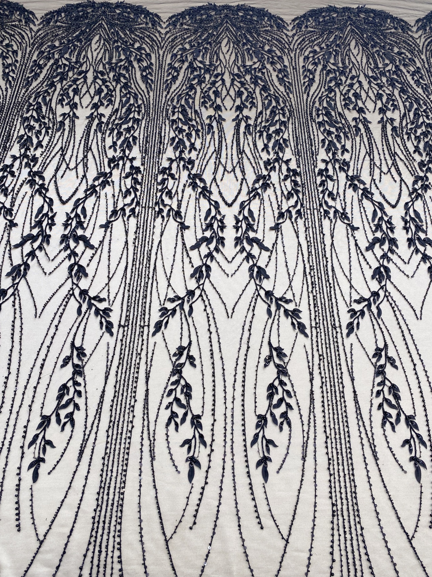 Black Leaf Lace Fabric, Soft Beaded Floral Embroidery with 3D Leaves on Mesh for Gowns, Veils, Evening Dresses, Couture DIY